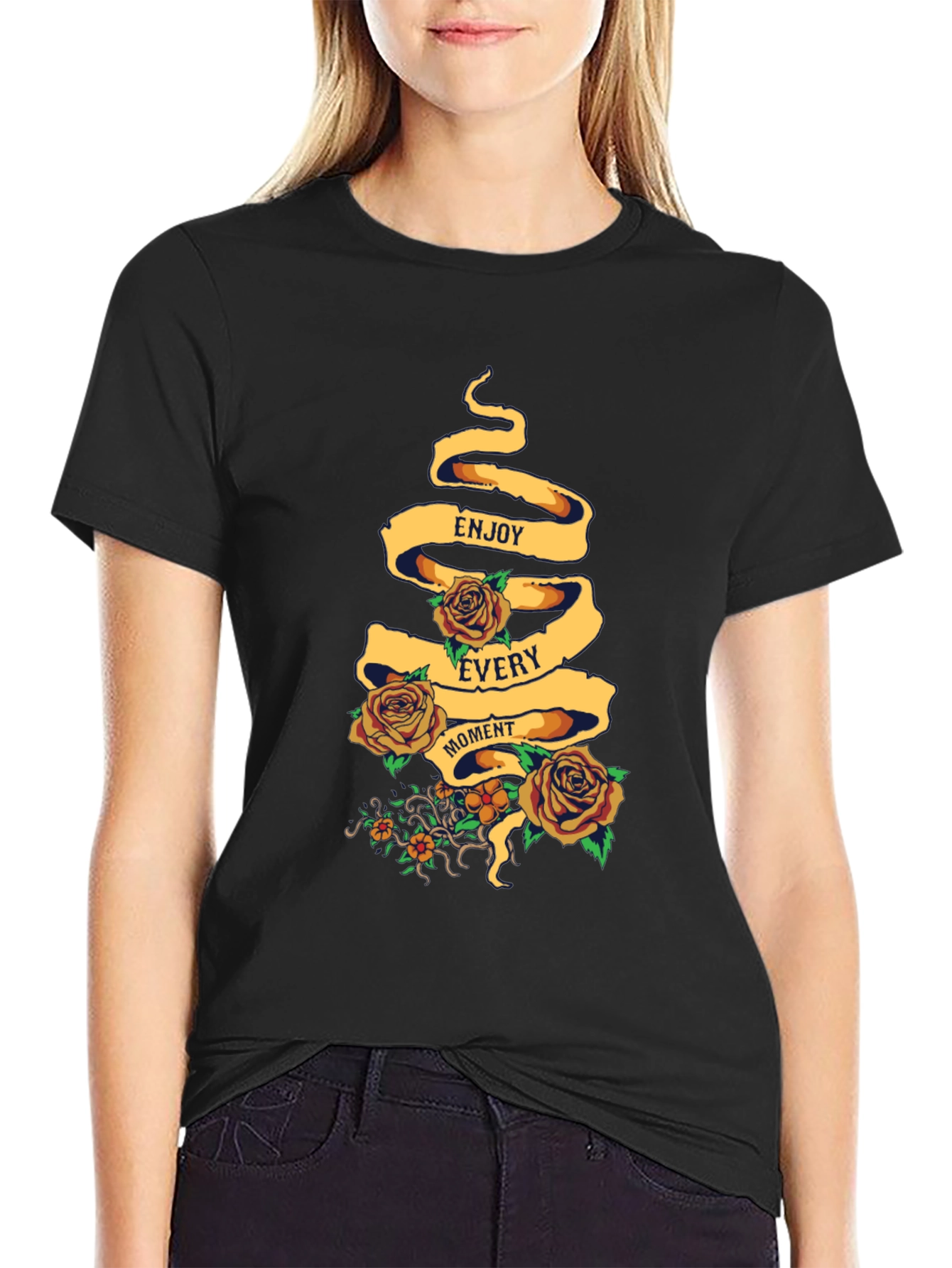 Enjoy Every Moment Floral Graphic Tee - Black