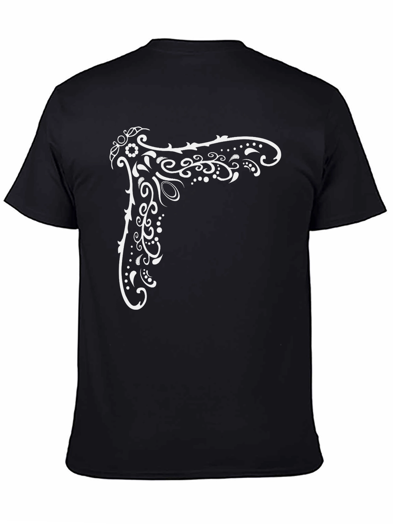 Black Tee with White Ornamental Corner Print