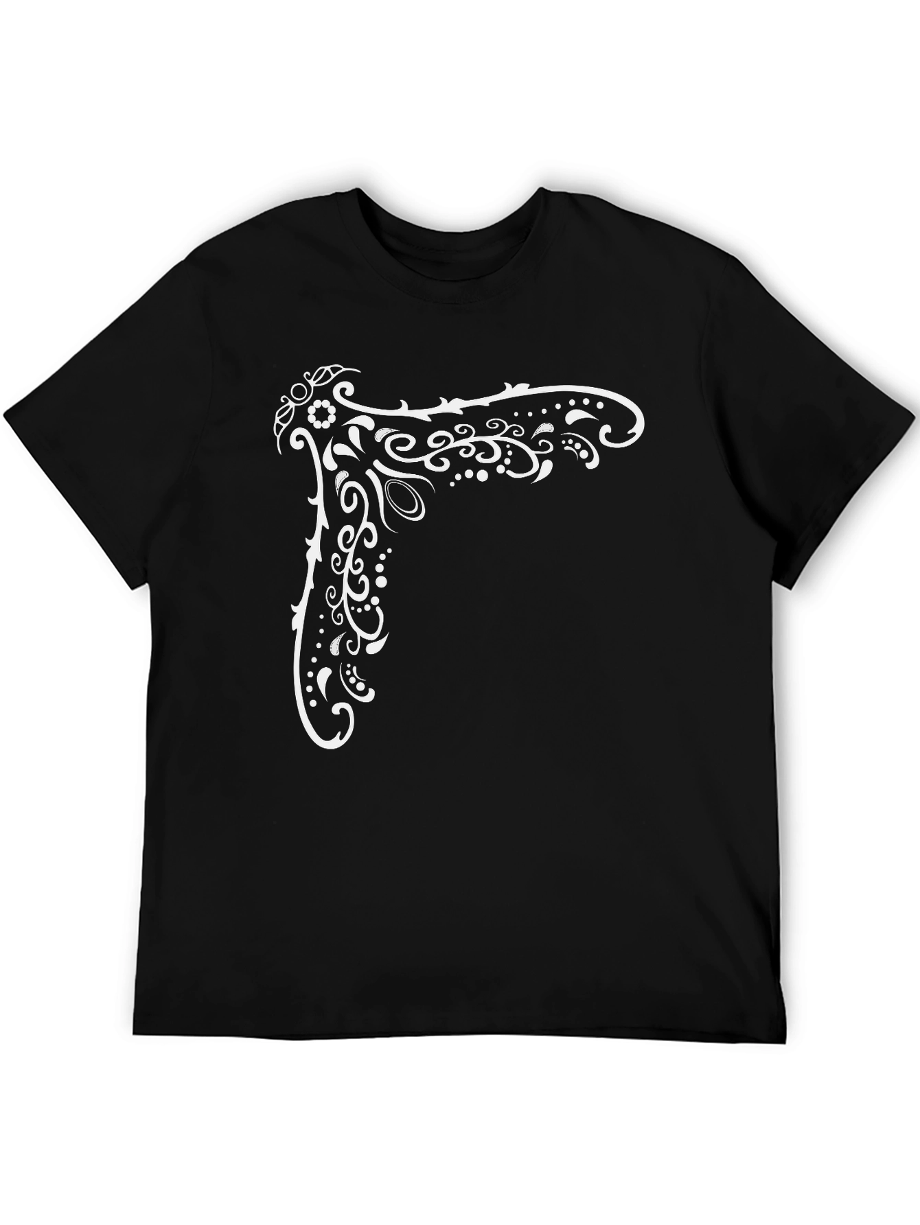 Black Tee with White Ornamental Corner Print