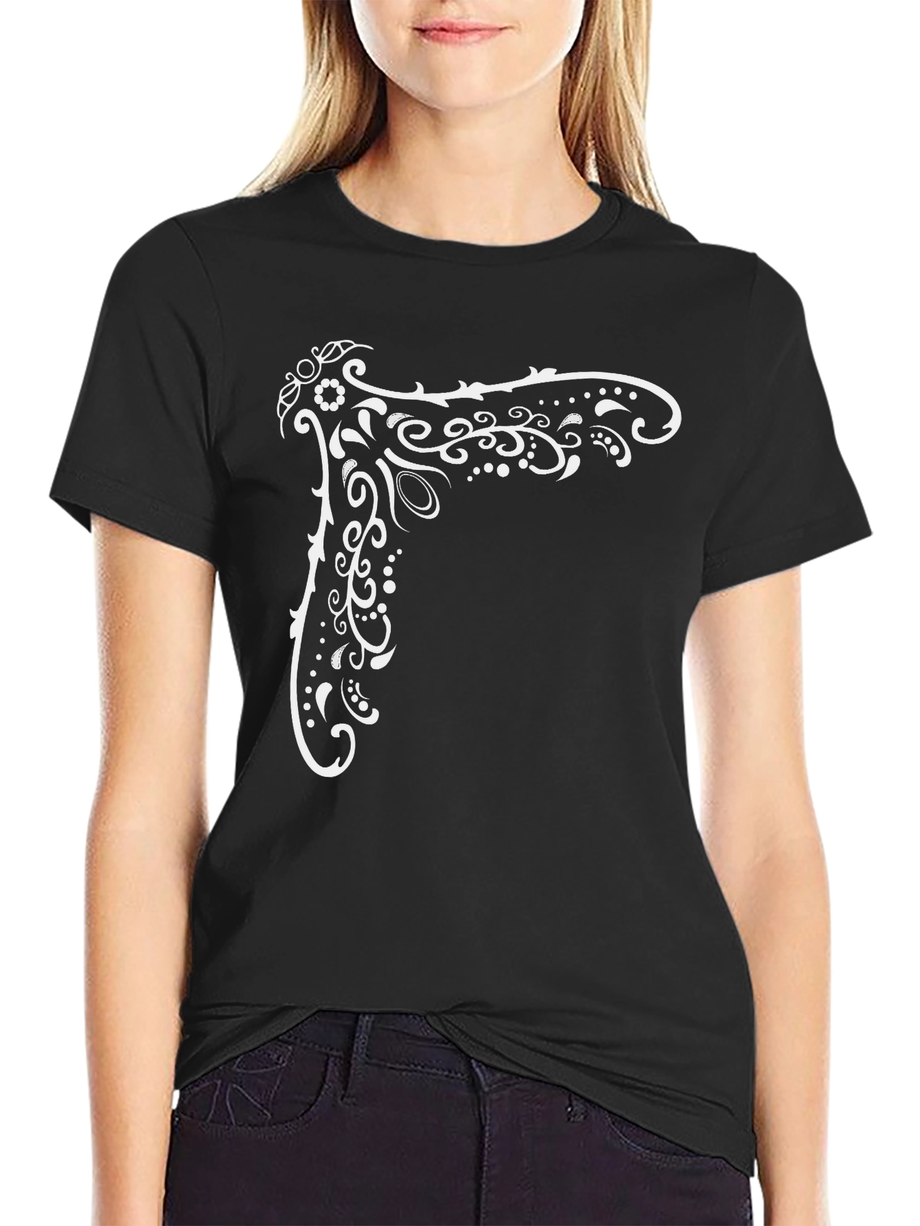 Black Tee with White Ornamental Corner Print