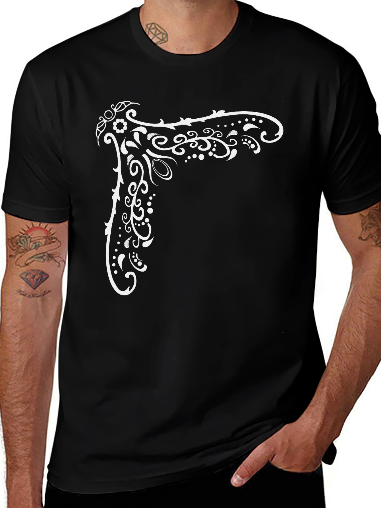 Black Tee with White Ornamental Corner Print