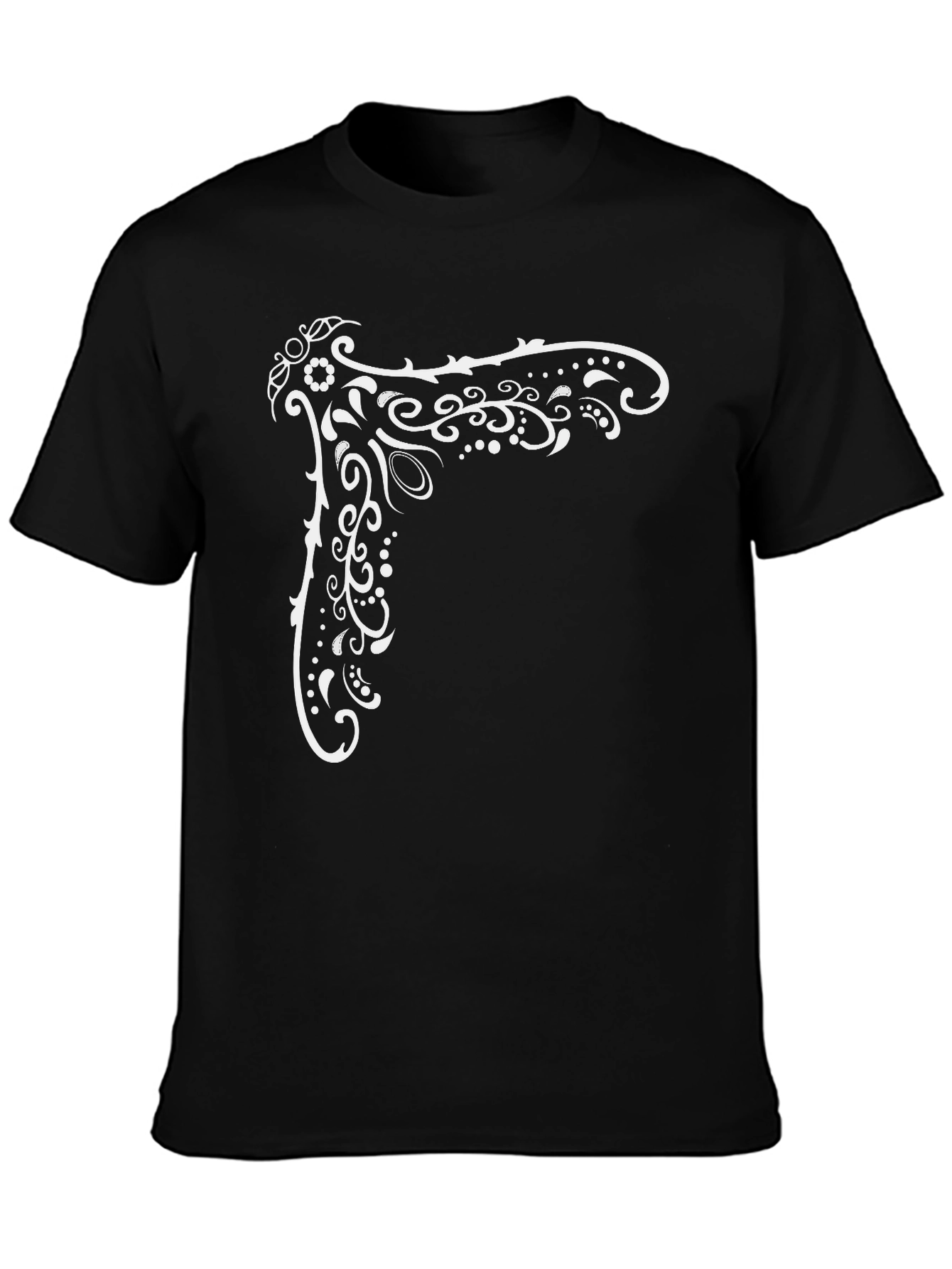 Black Tee with White Ornamental Corner Print
