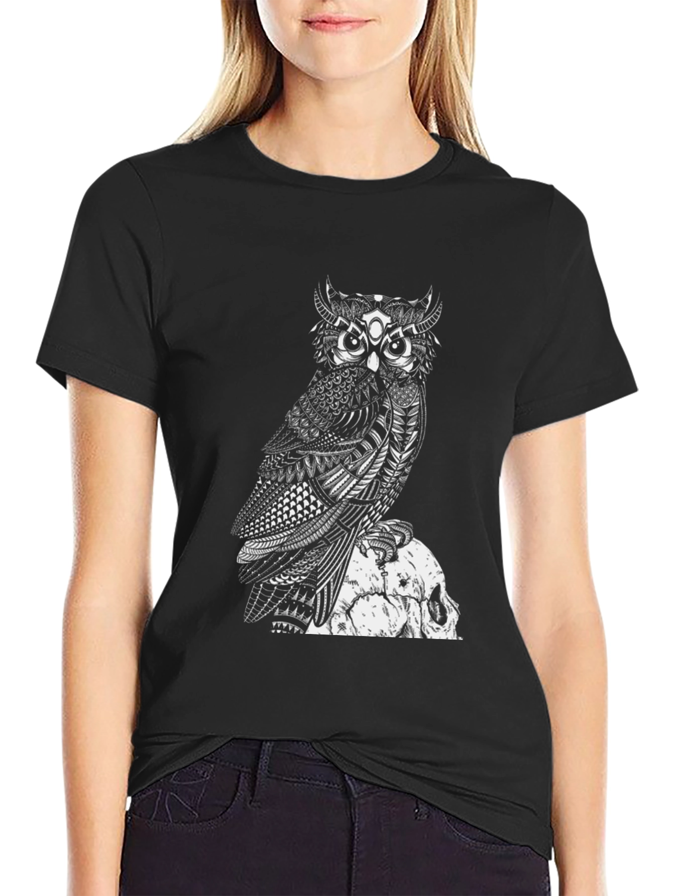 Owl and Skull Graphic Black T-Shirt