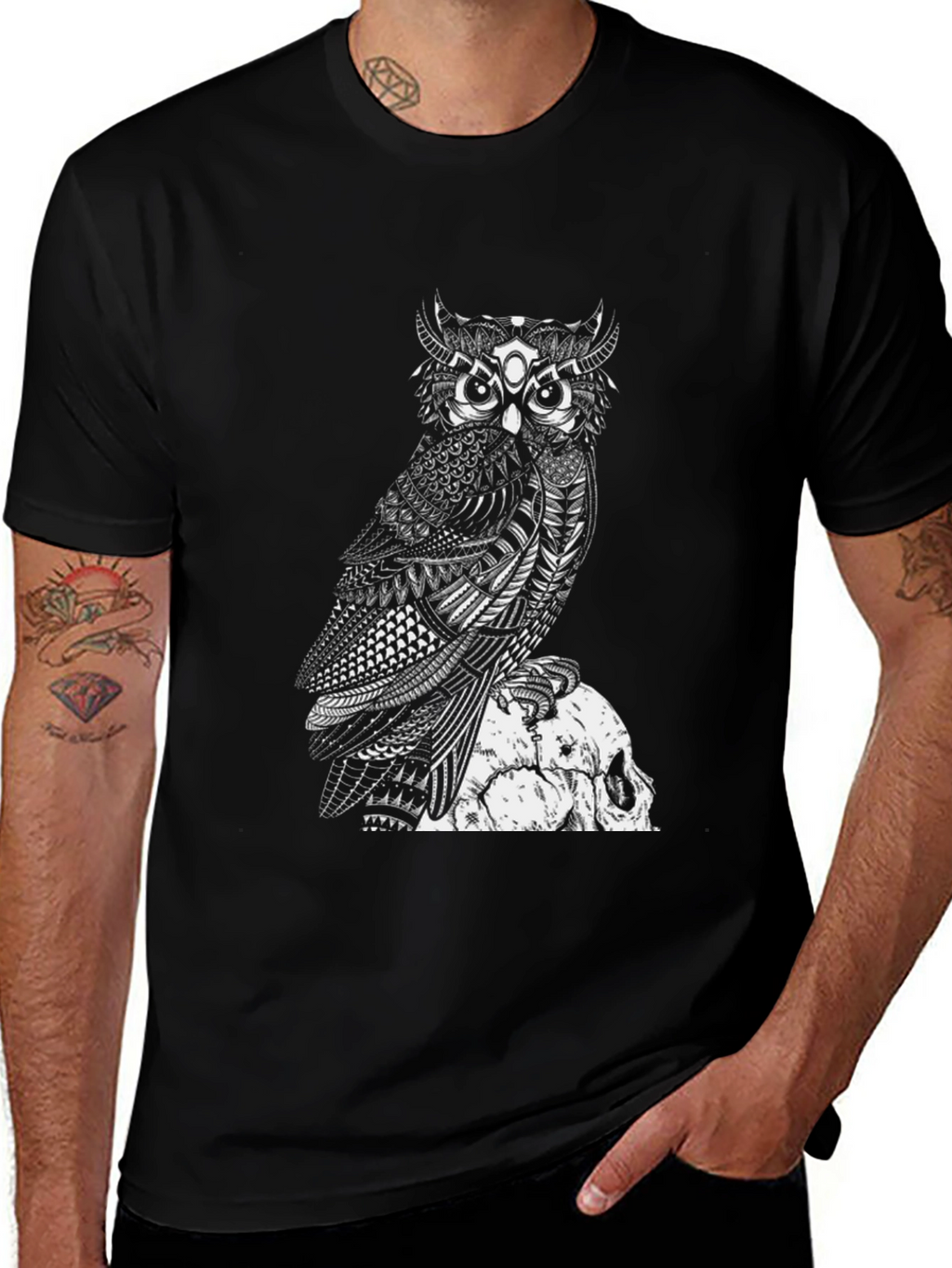 Owl and Skull Graphic Black T-Shirt
