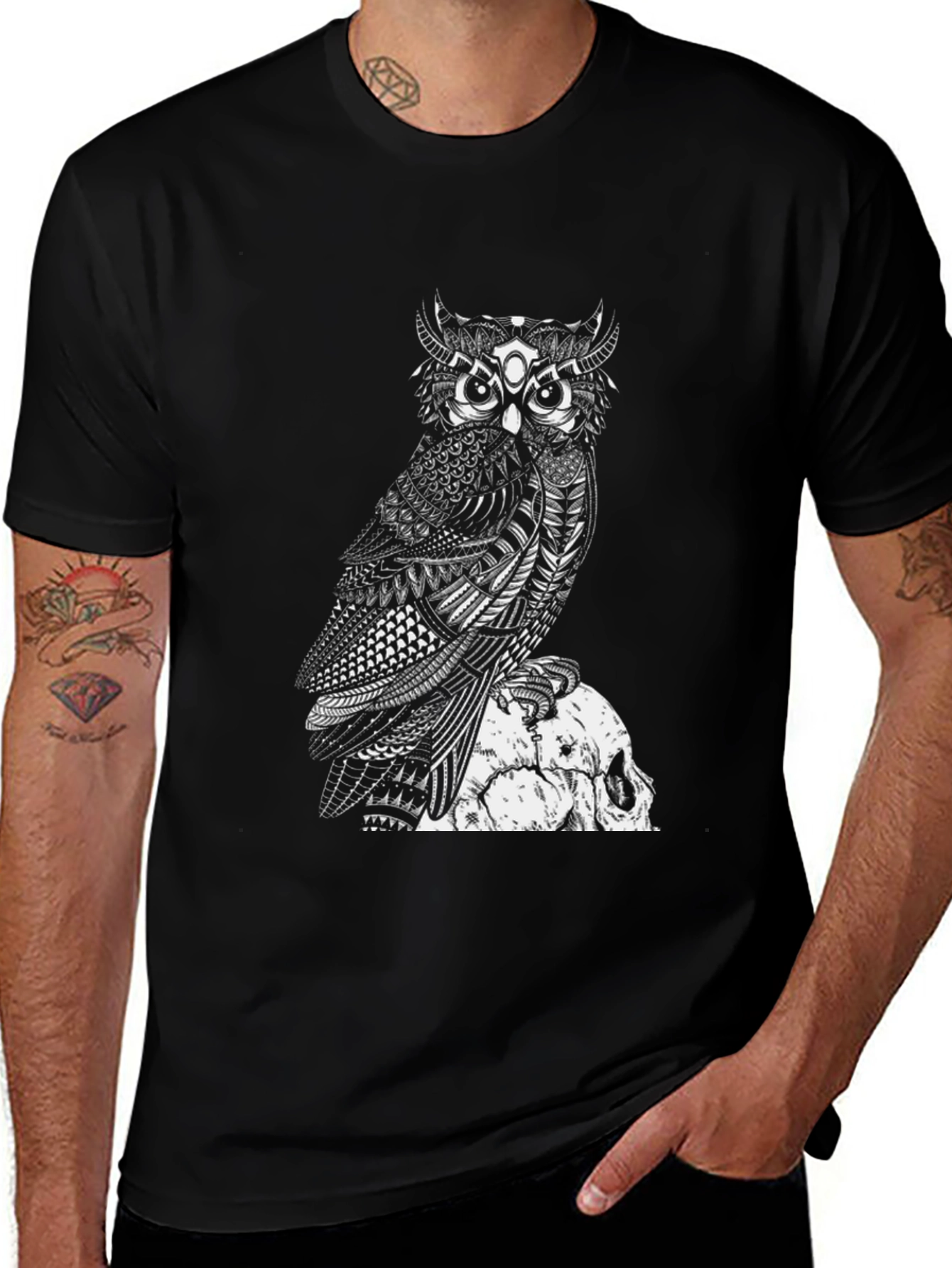Owl and Skull Graphic Black T-Shirt