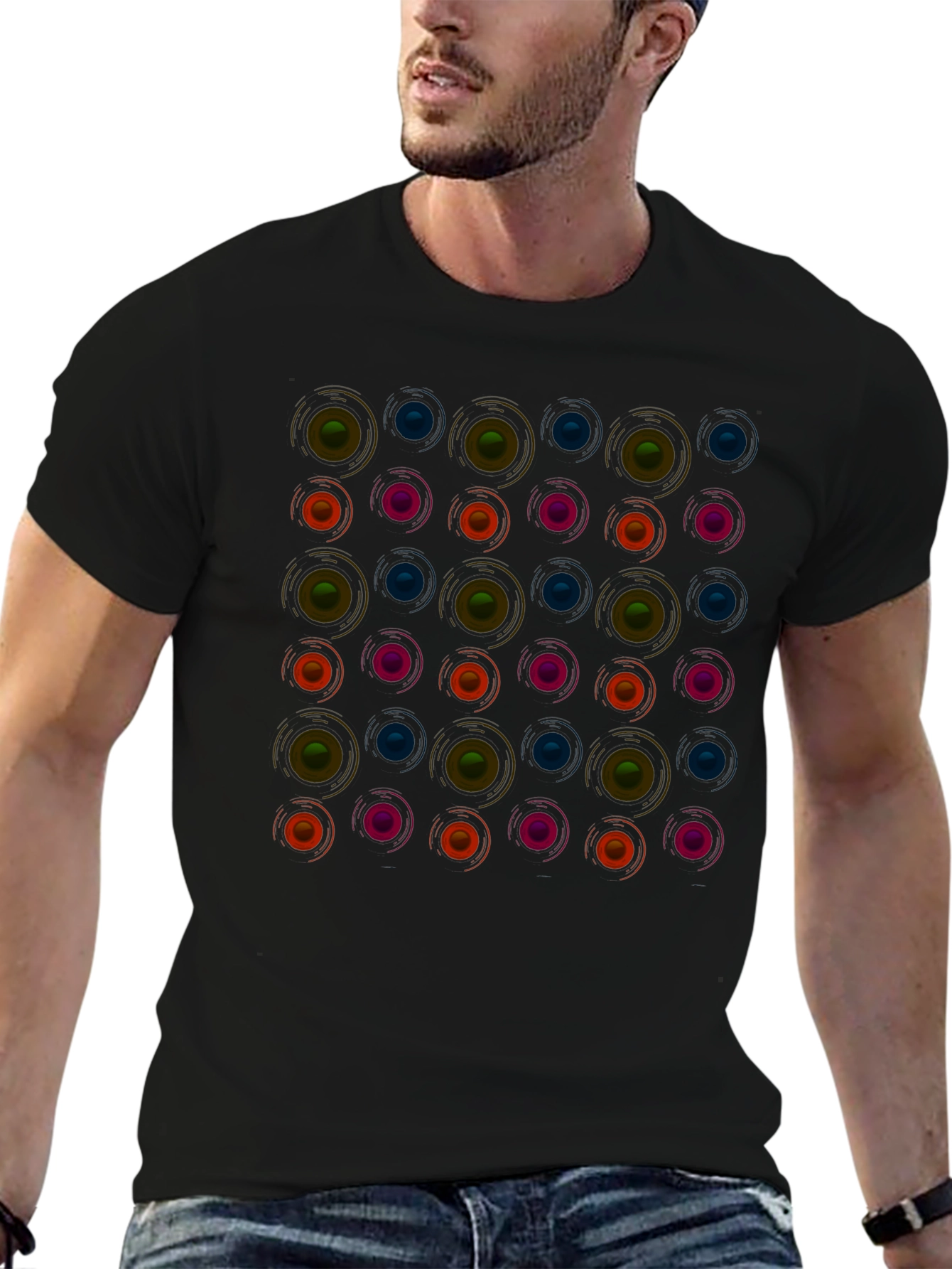 Retro Circle Pattern Black T-Shirt - Modern Graphic Tee