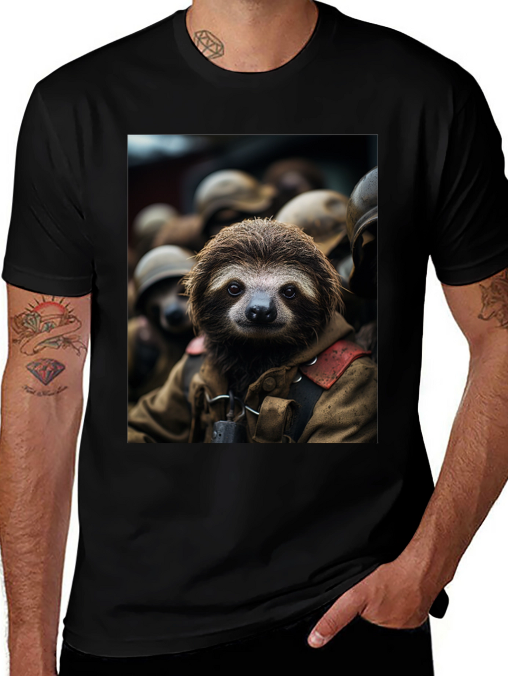 Sloth Soldier Graphic T-Shirt - Unisex Black Tee