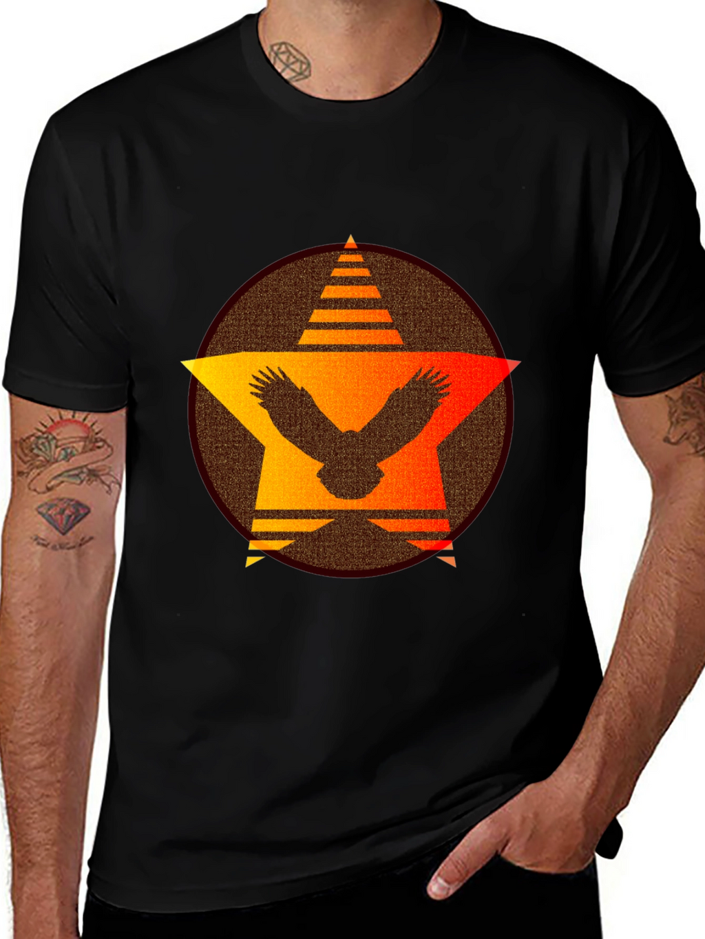 Sunset Eagle Star Graphic Tee - Black