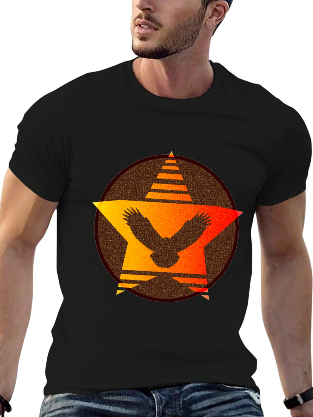 Sunset Eagle Star Graphic Tee - Black