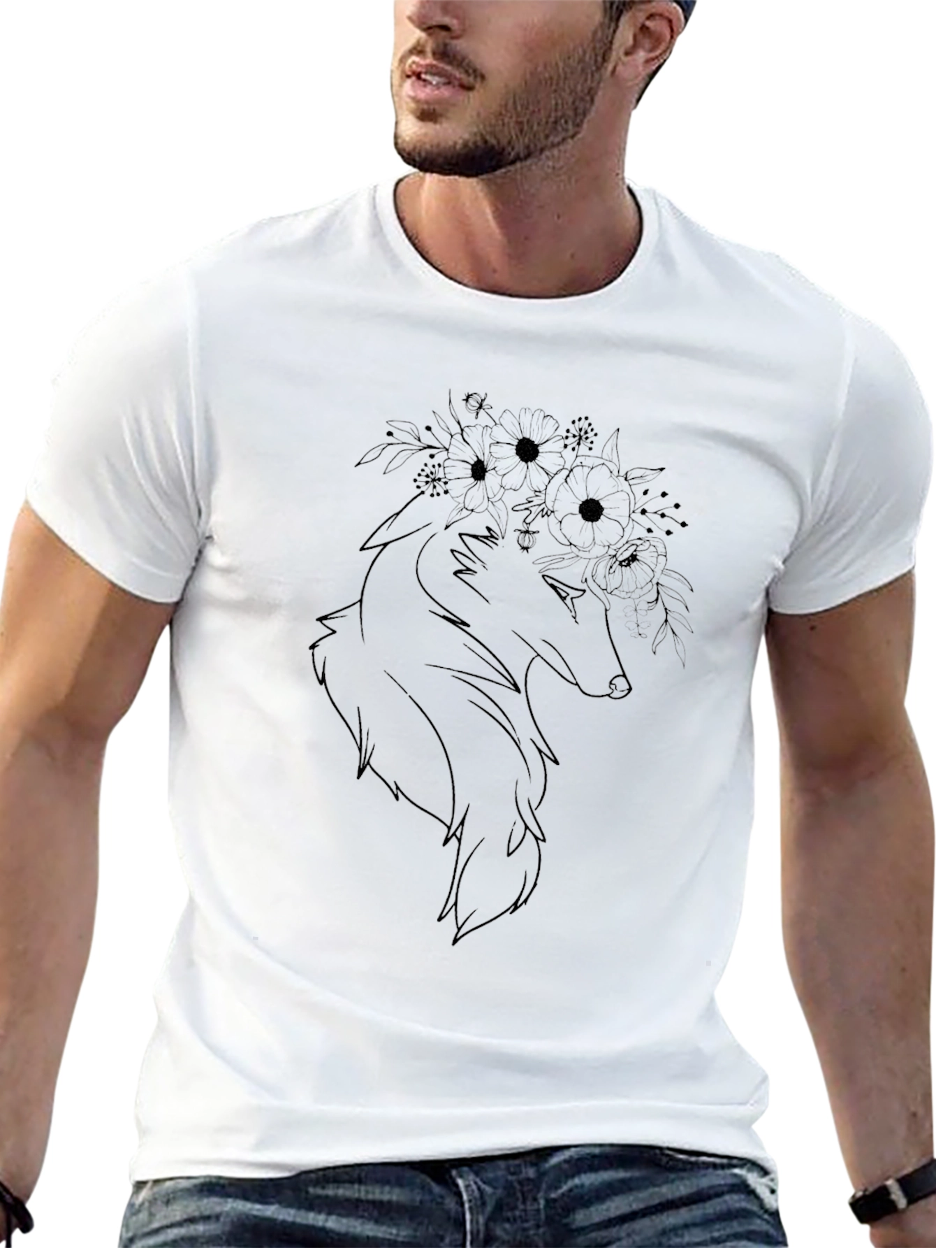 Floral Wolf Graphic T-Shirt - Stylish Mens Tee