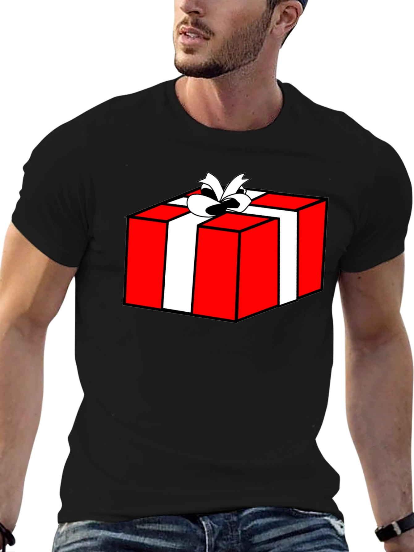 Festive Gift Box Graphic Tee - Black Cotton T-Shirt