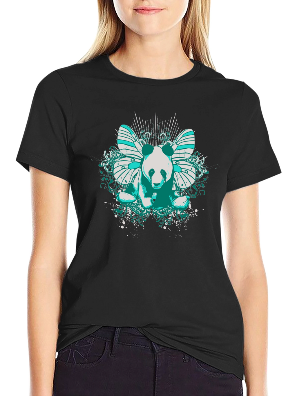 Panda Butterfly Graphic T-Shirt - Black