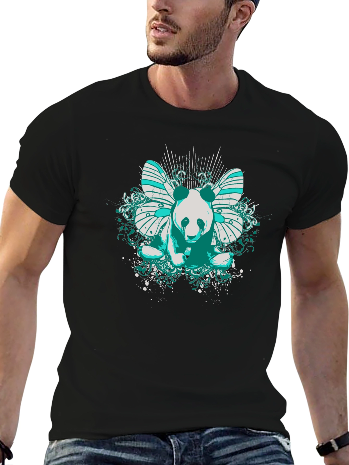 Panda Butterfly Graphic T-Shirt - Black