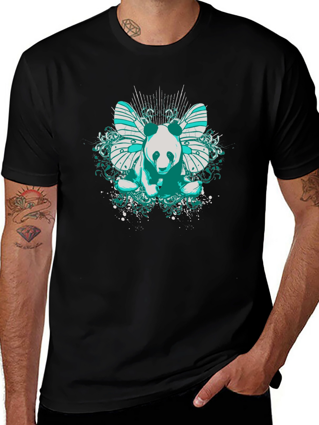 Panda Butterfly Graphic T-Shirt - Black