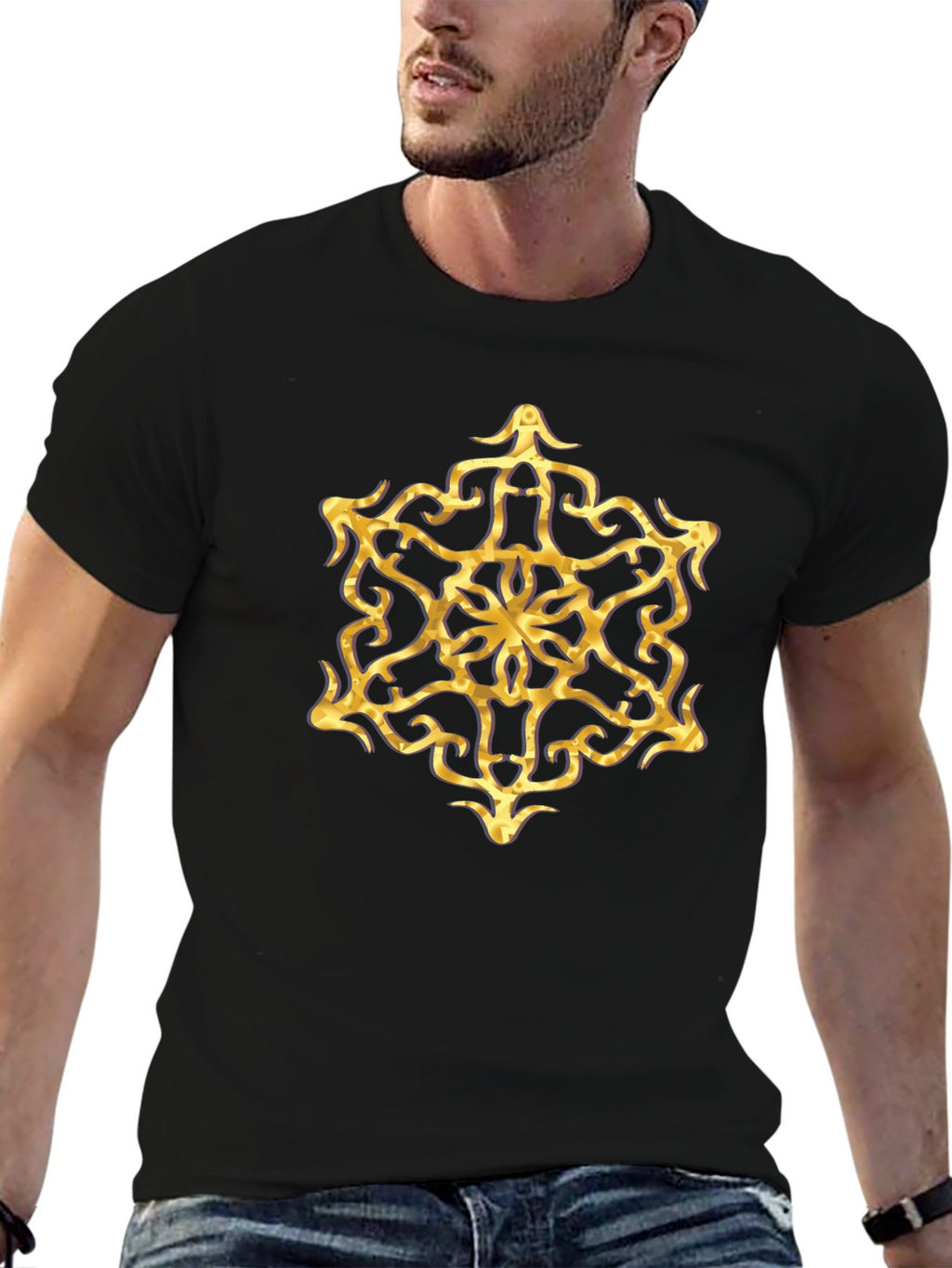 Golden Mandala Graphic Tee - Stylish Mens Black T-Shirt