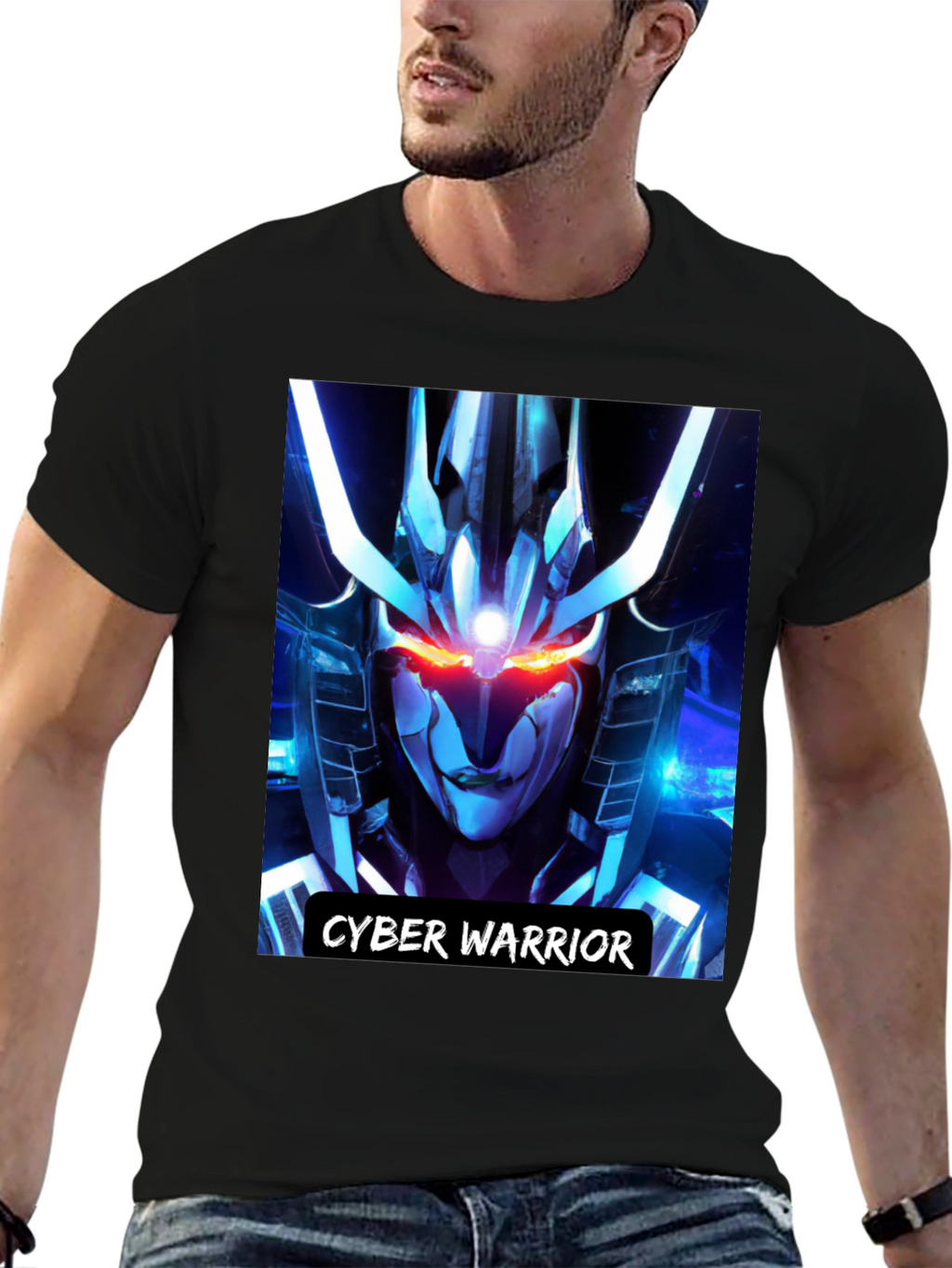 Cyber Warrior Graphic Print Black T-Shirt