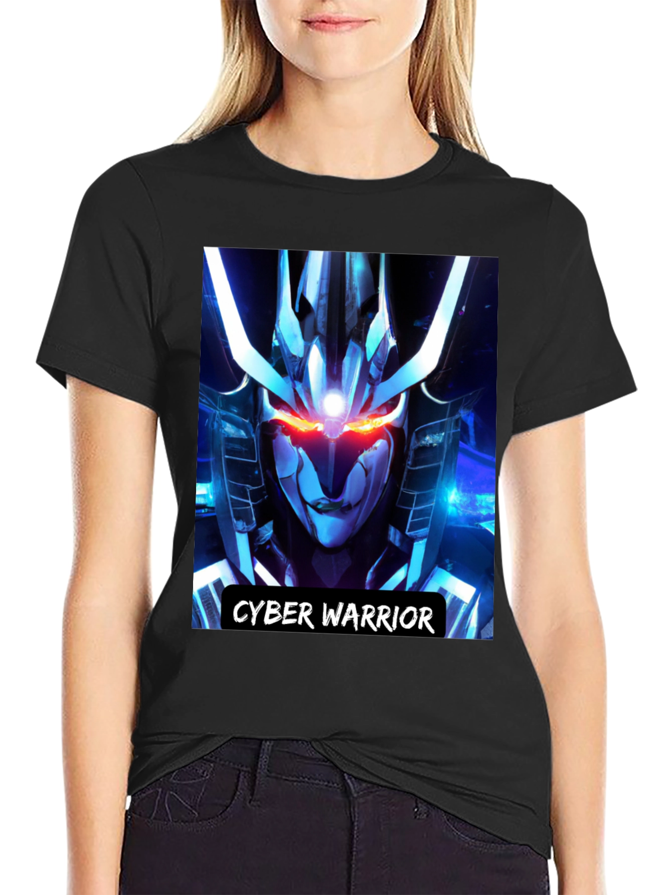 Cyber Warrior Graphic Print Black T-Shirt