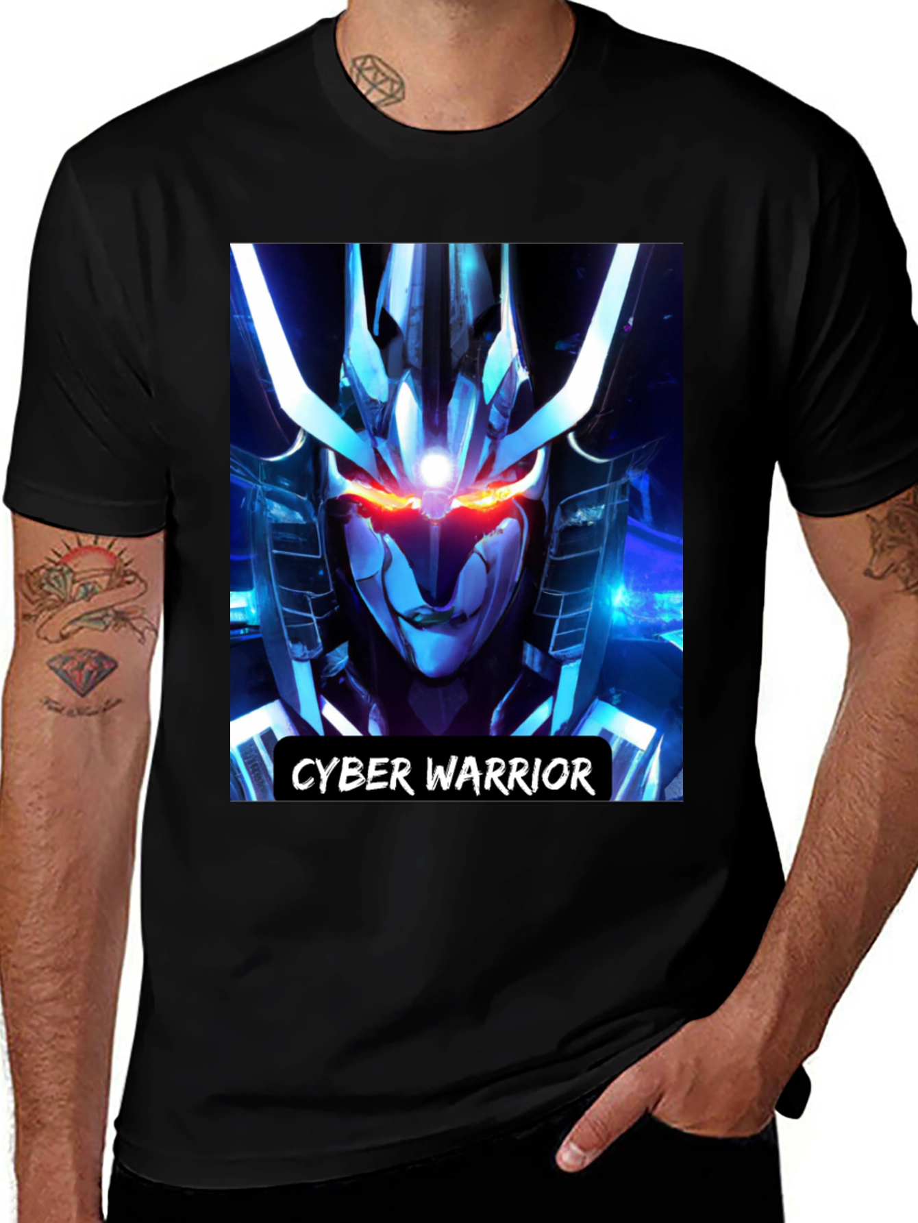 Cyber Warrior Graphic Print Black T-Shirt
