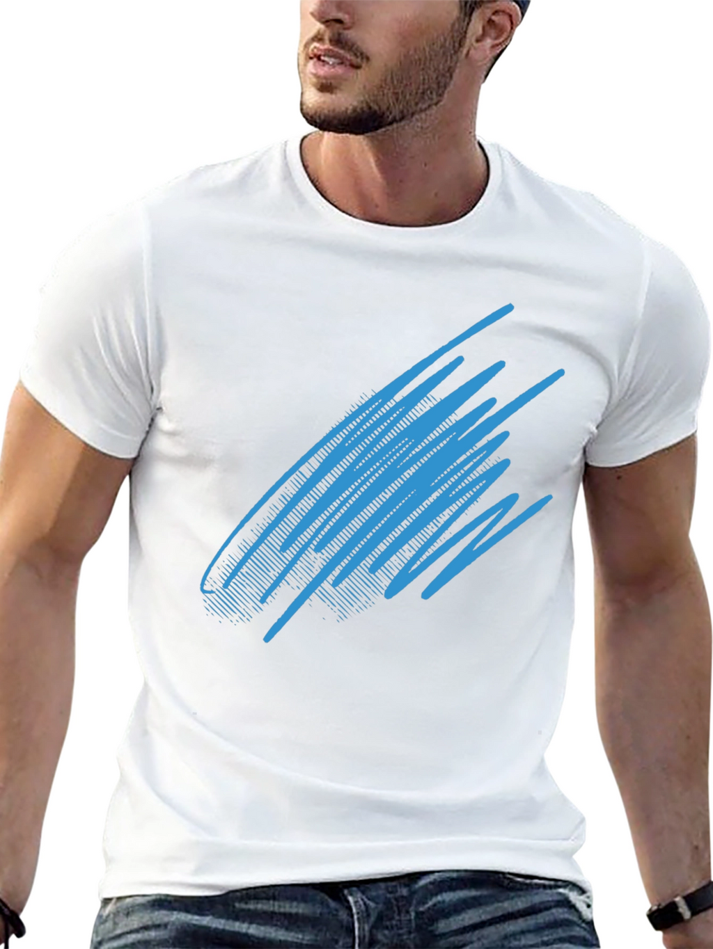 Abstract Blue Line Graphic Black T-Shirt