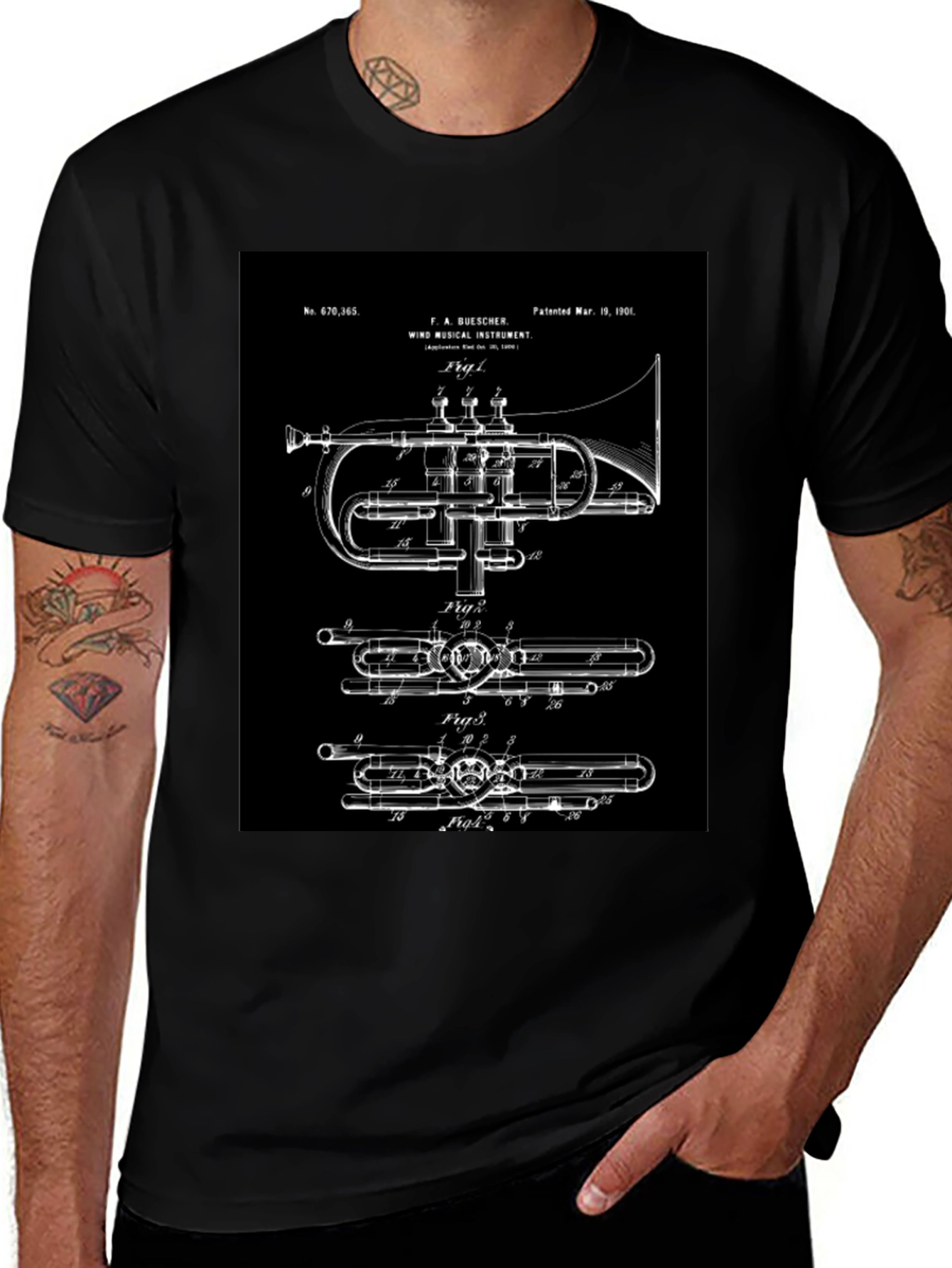 Vintage Trumpet Blueprint Graphic Tee