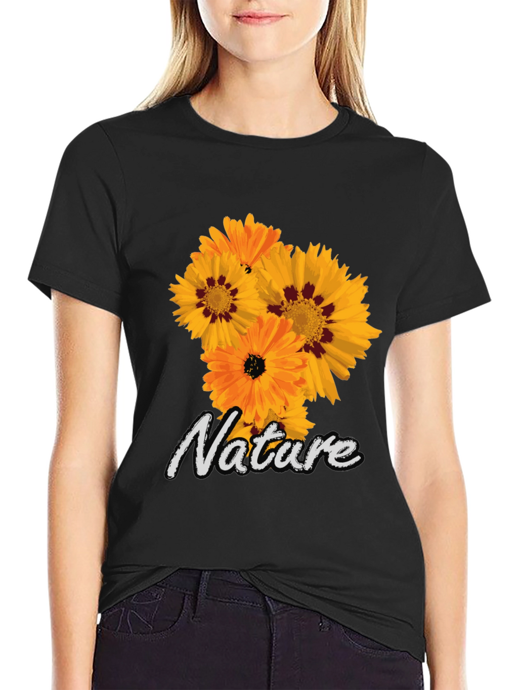 Nature Flower Graphic Black T-Shirt