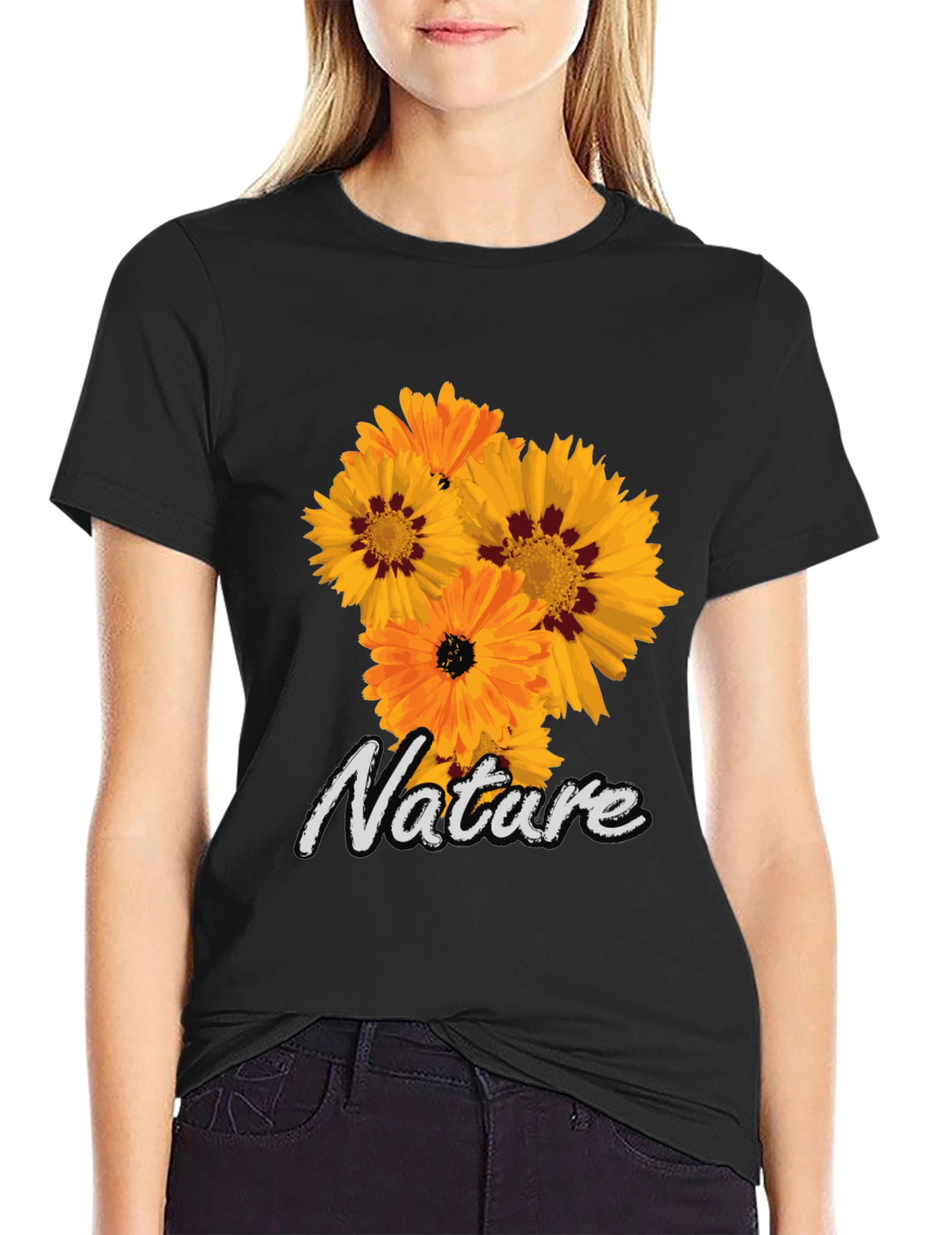 Nature Flower Graphic Black T-Shirt