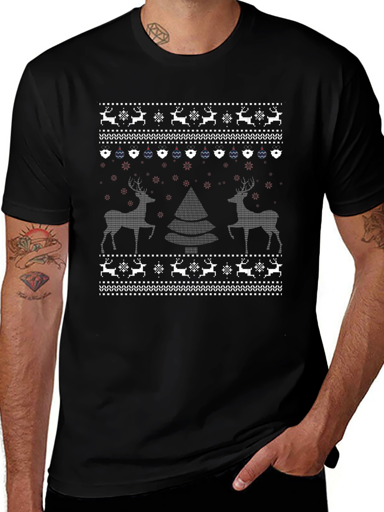 Ugly Christmas Sweater T-Shirt - Reindeer & Tree