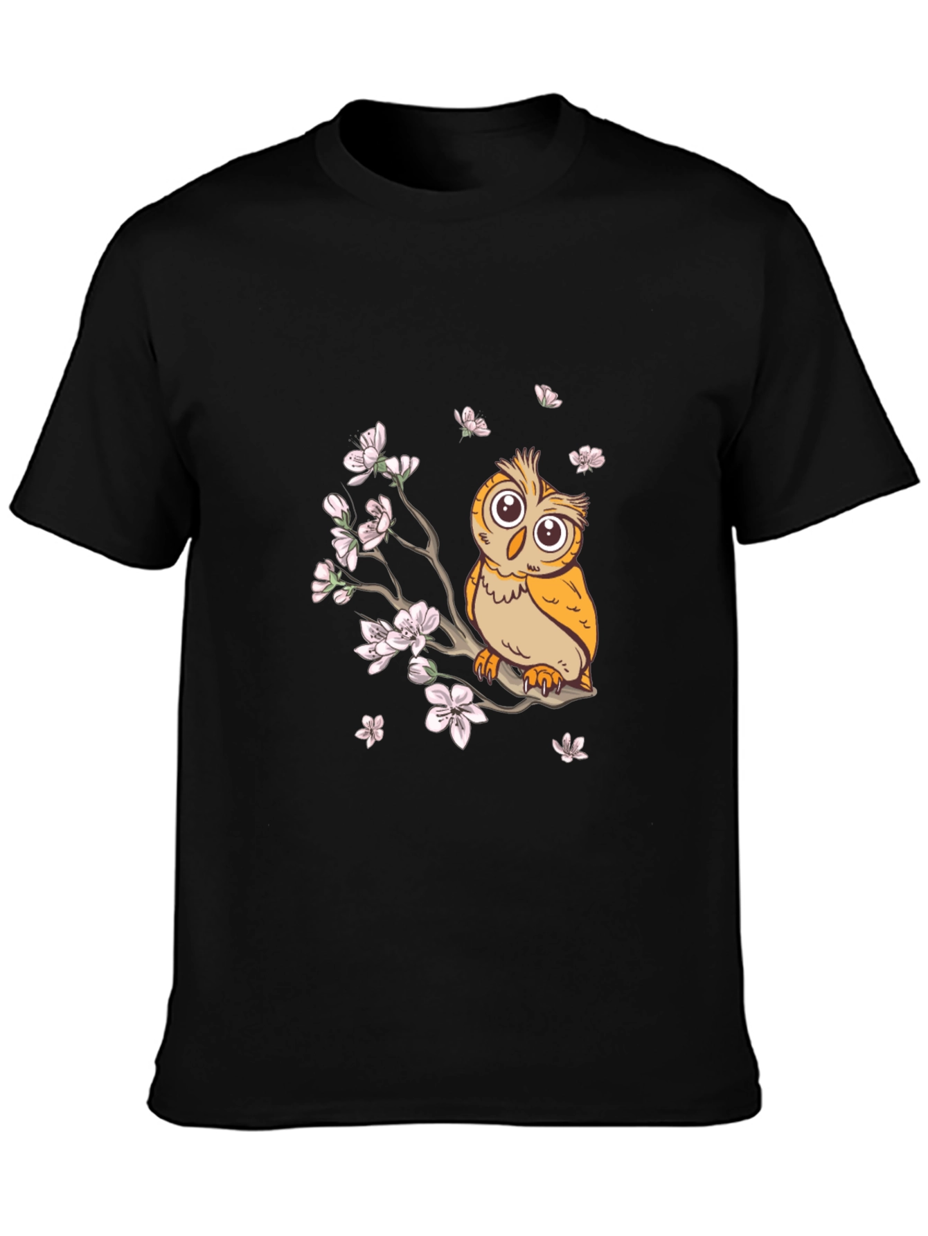 Owl & Cherry Blossoms Graphic Tee - Black