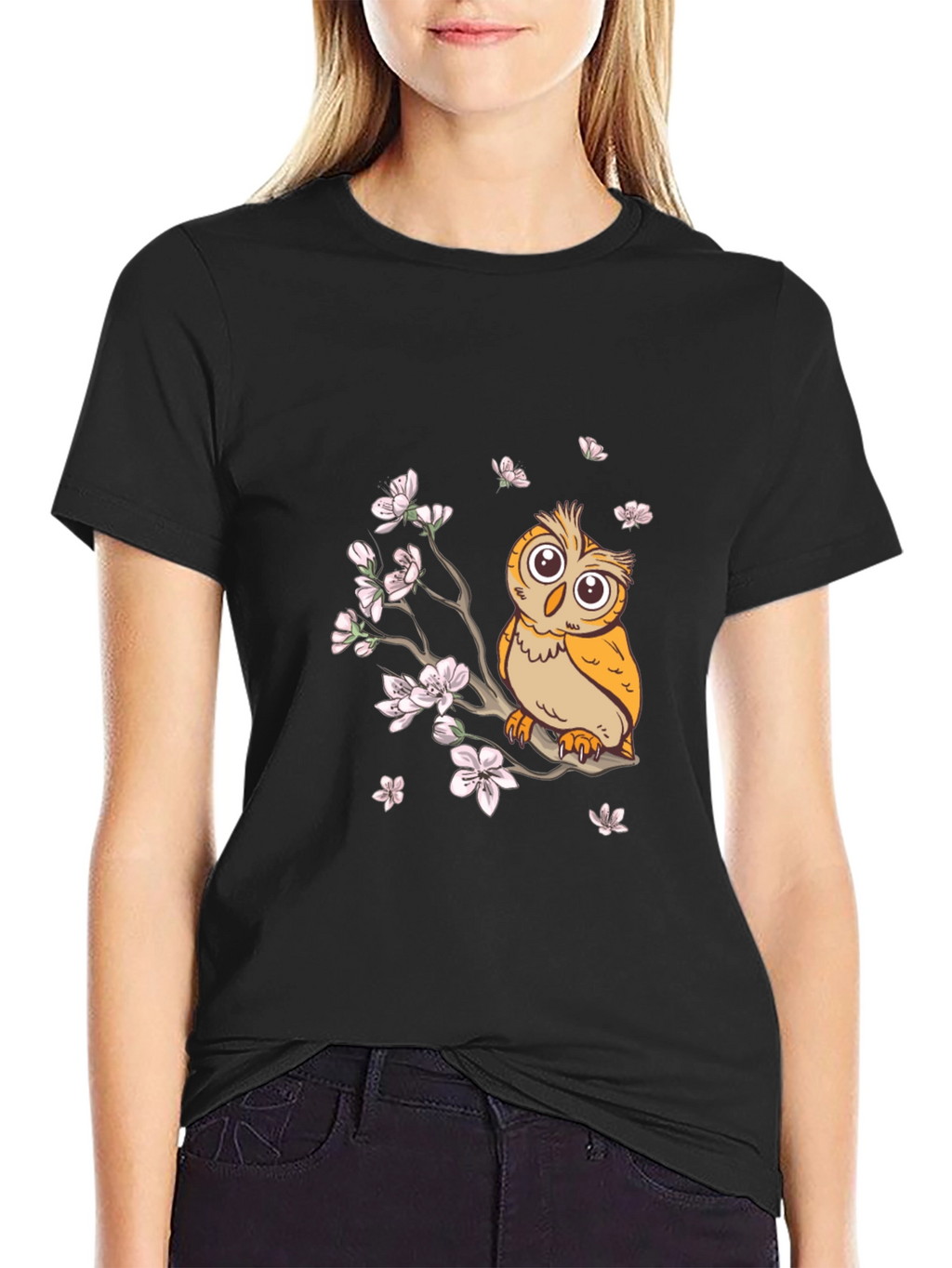 Owl & Cherry Blossoms Graphic Tee - Black