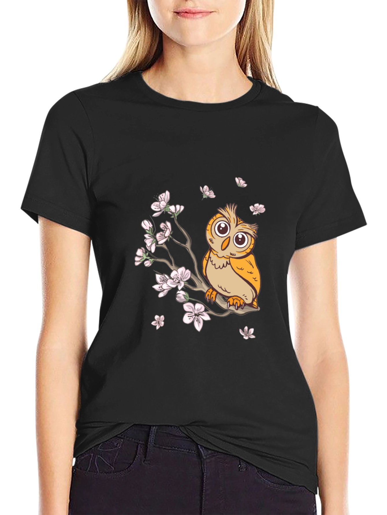 Owl & Cherry Blossoms Graphic Tee - Black