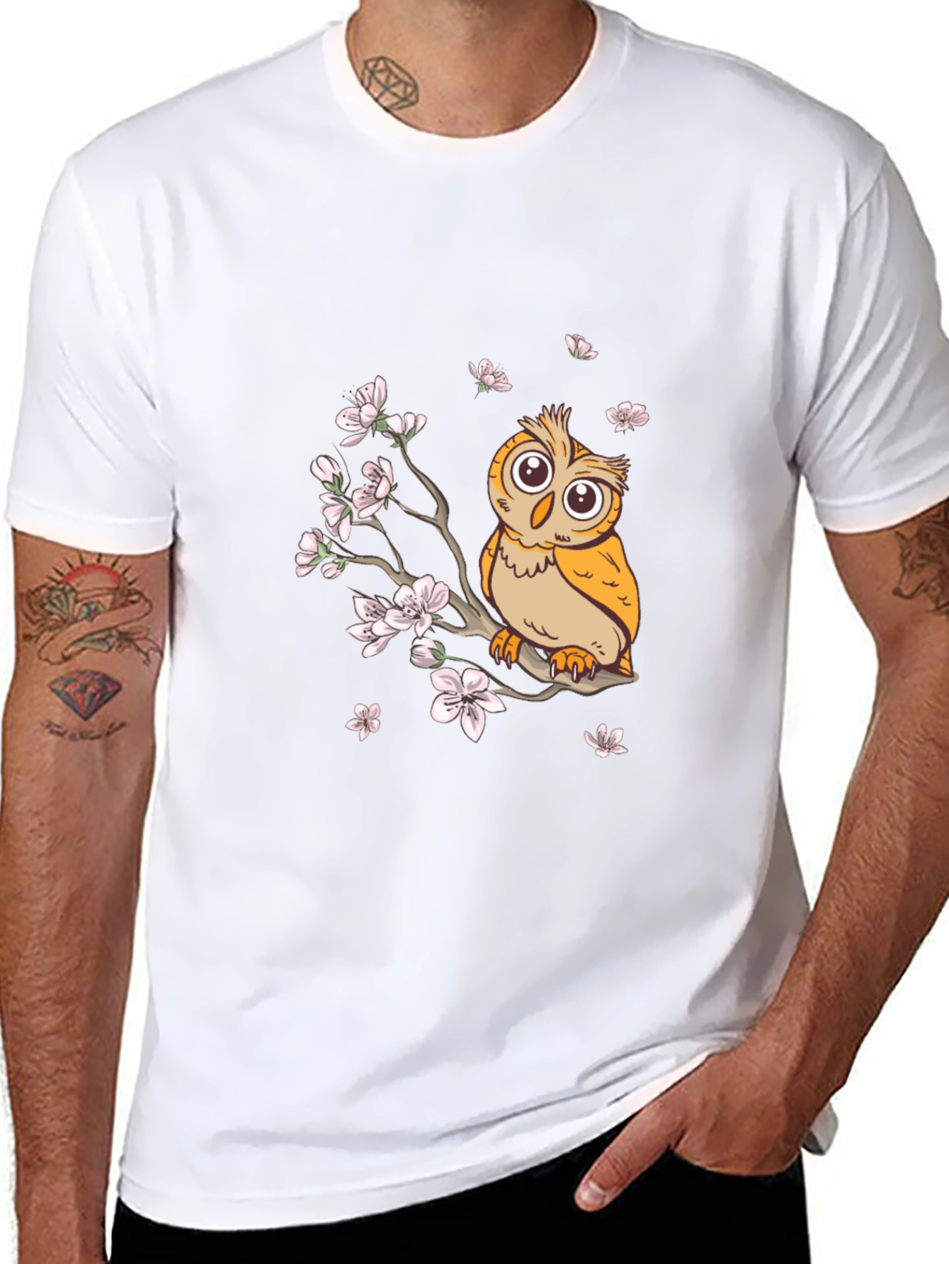 Owl & Cherry Blossoms Graphic Tee - Black