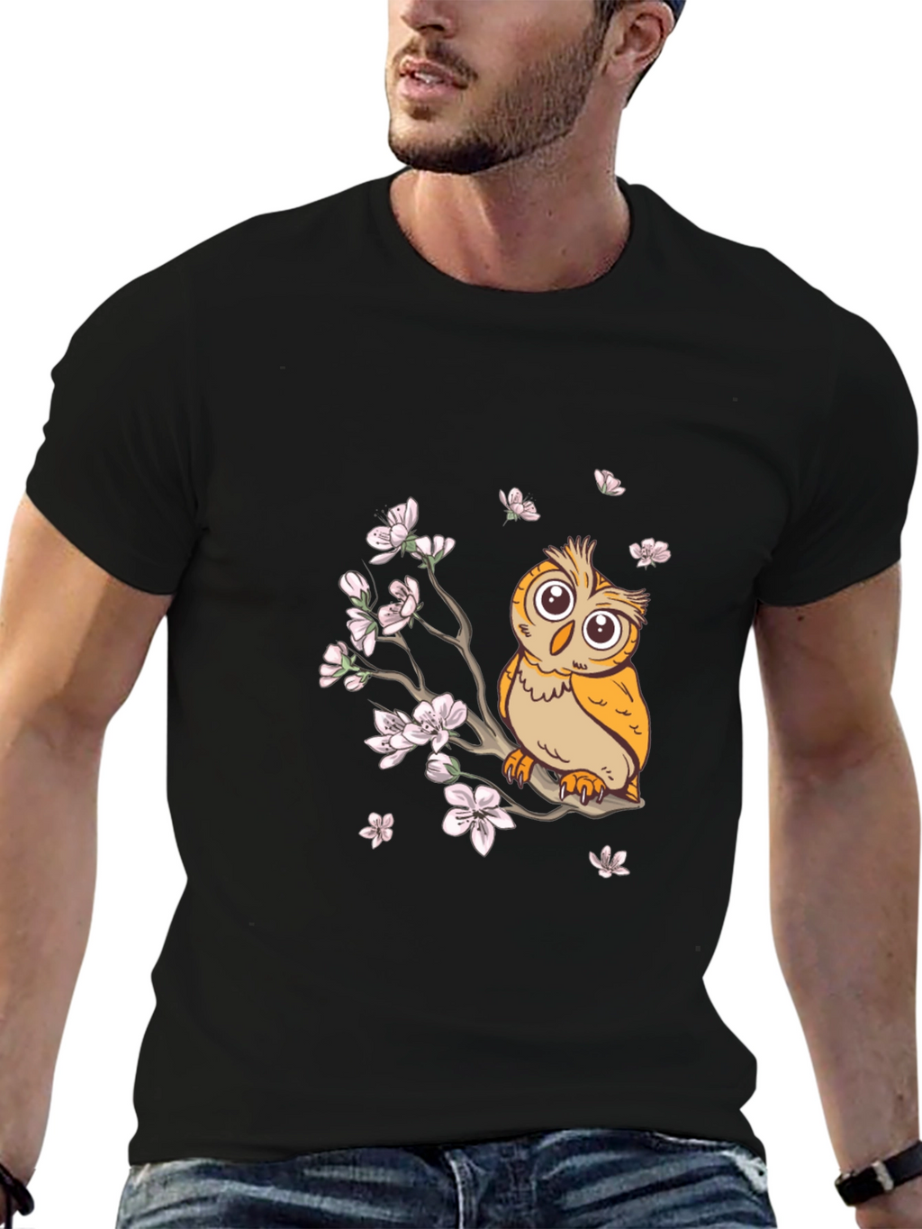 Owl & Cherry Blossoms Graphic Tee - Black