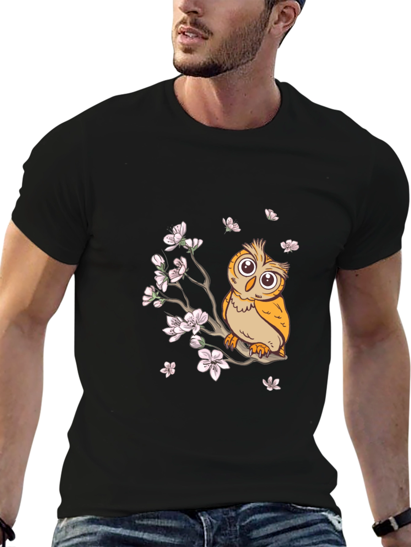 Owl & Cherry Blossoms Graphic Tee - Black