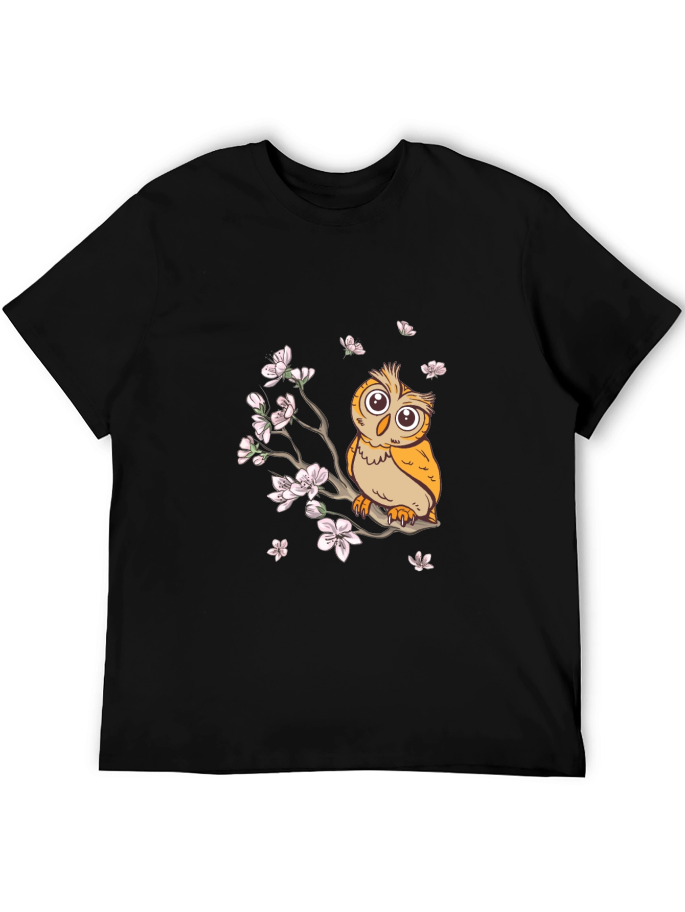 Owl & Cherry Blossoms Graphic Tee - Black