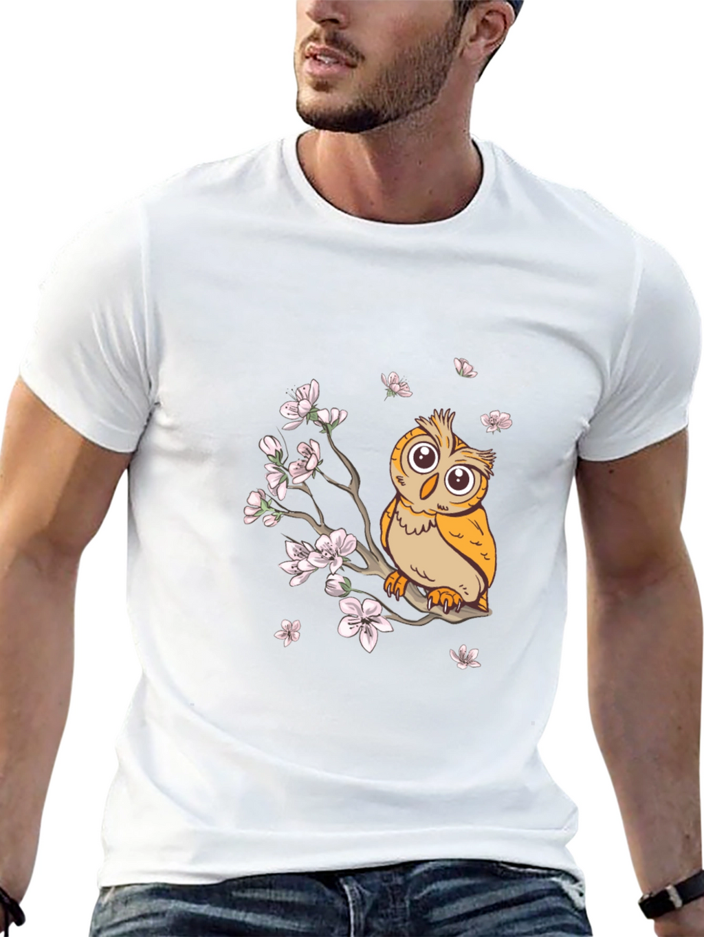 Owl & Cherry Blossoms Graphic Tee - Black