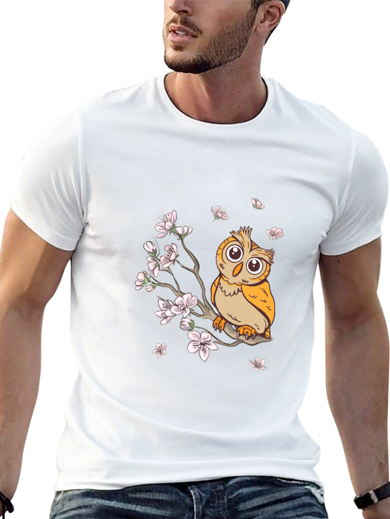 Owl & Cherry Blossoms Graphic Tee - Black