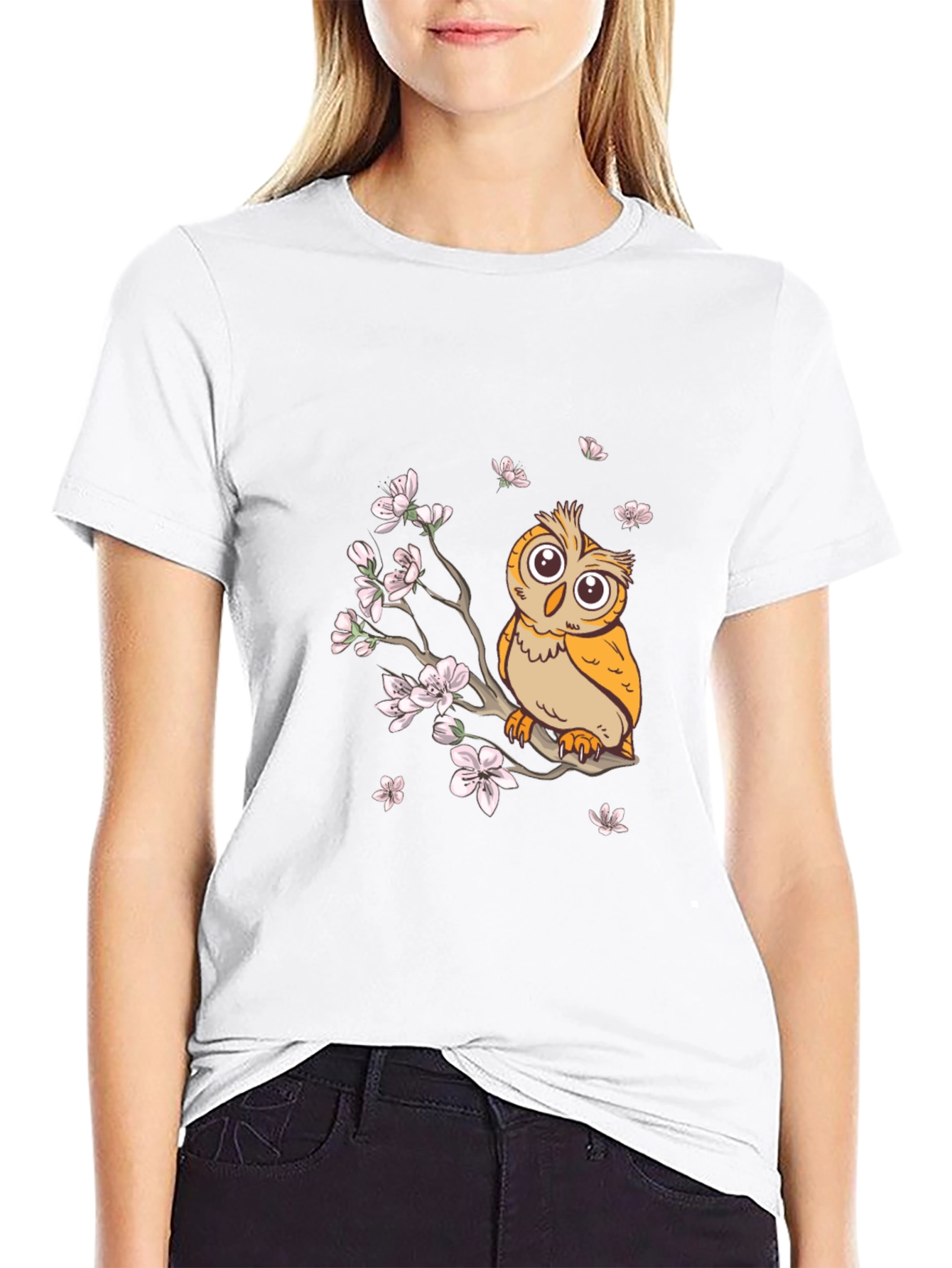 Owl & Cherry Blossoms Graphic Tee - Black