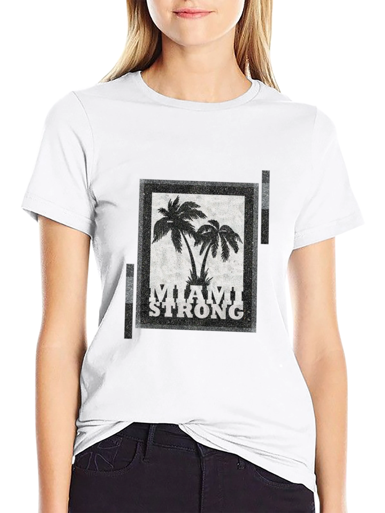 Miami Strong Graphic T-Shirt Palm Tree Design Crew Neck
