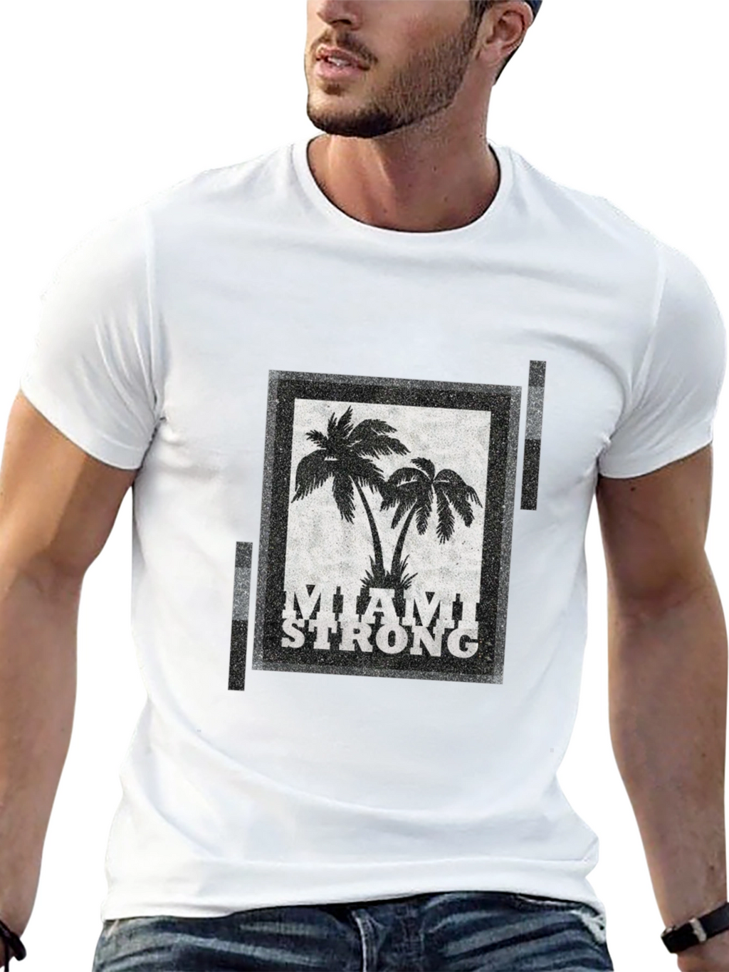 Miami Strong Graphic T-Shirt Palm Tree Design Crew Neck