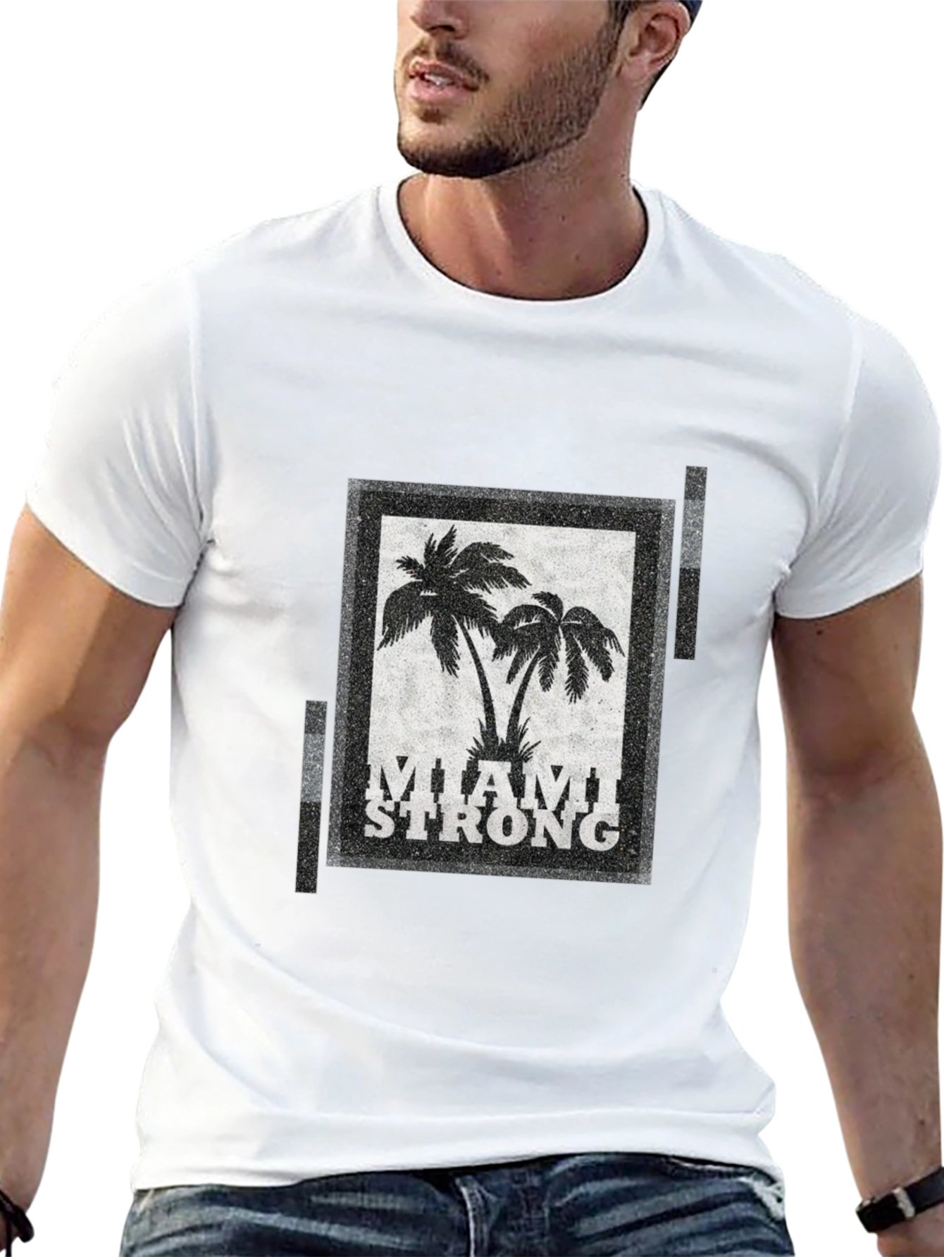 Miami Strong Graphic T-Shirt Palm Tree Design Crew Neck