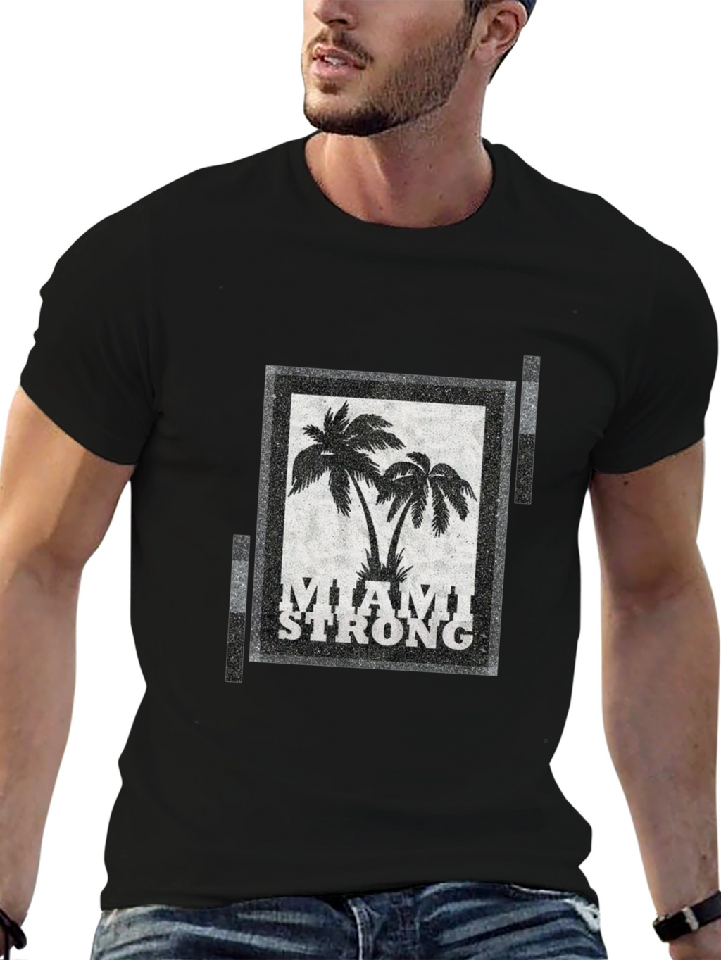Miami Strong Graphic T-Shirt Palm Tree Design Crew Neck