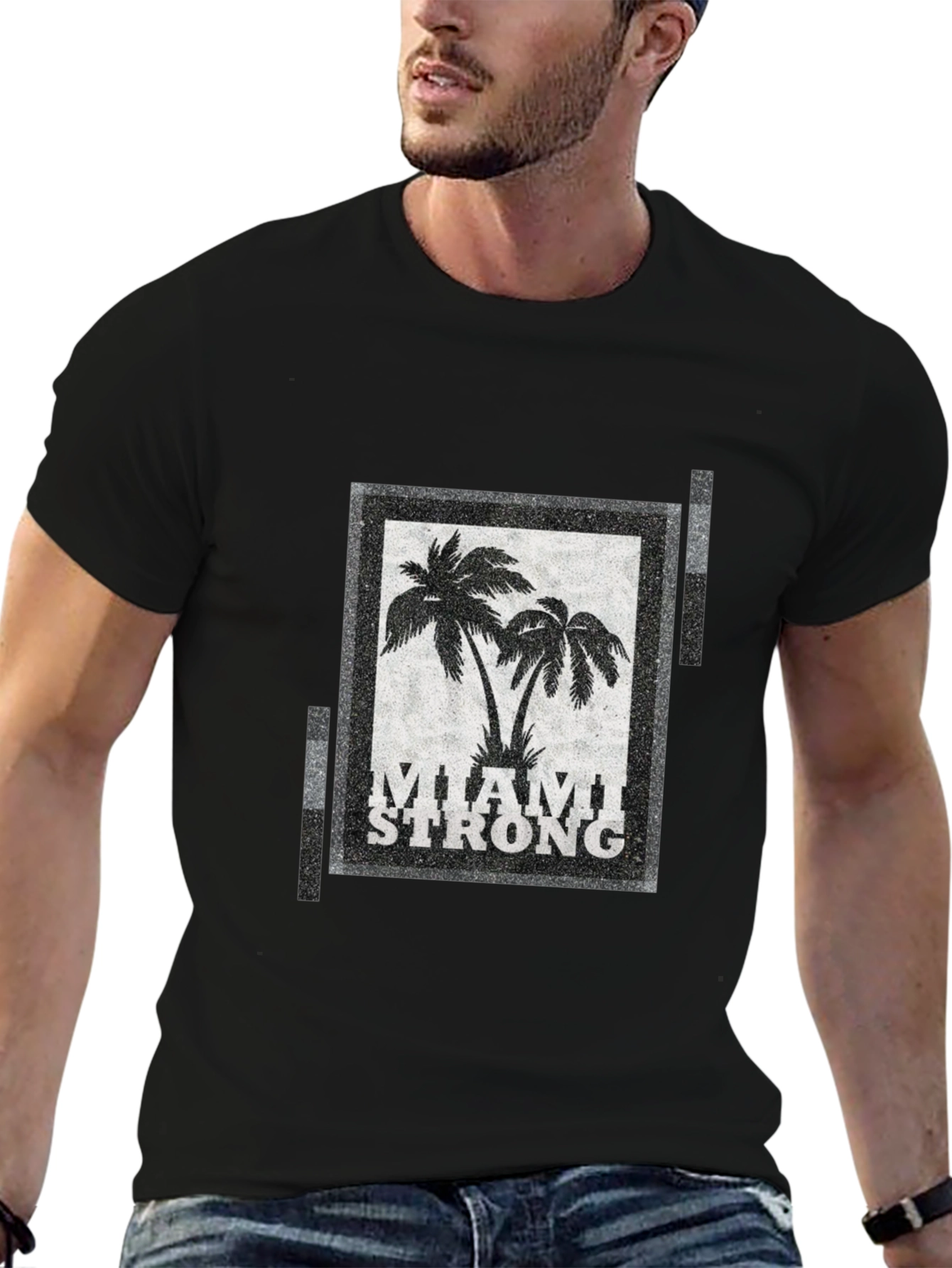 Miami Strong Graphic T-Shirt Palm Tree Design Crew Neck