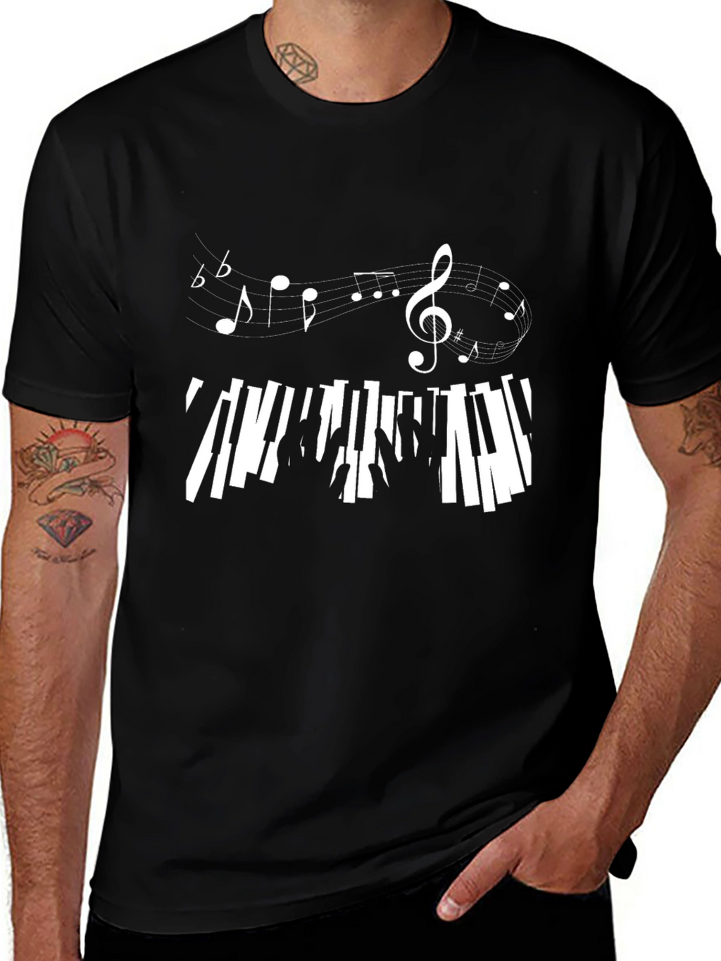 Musical Notes & Piano Keys Black T-Shirt