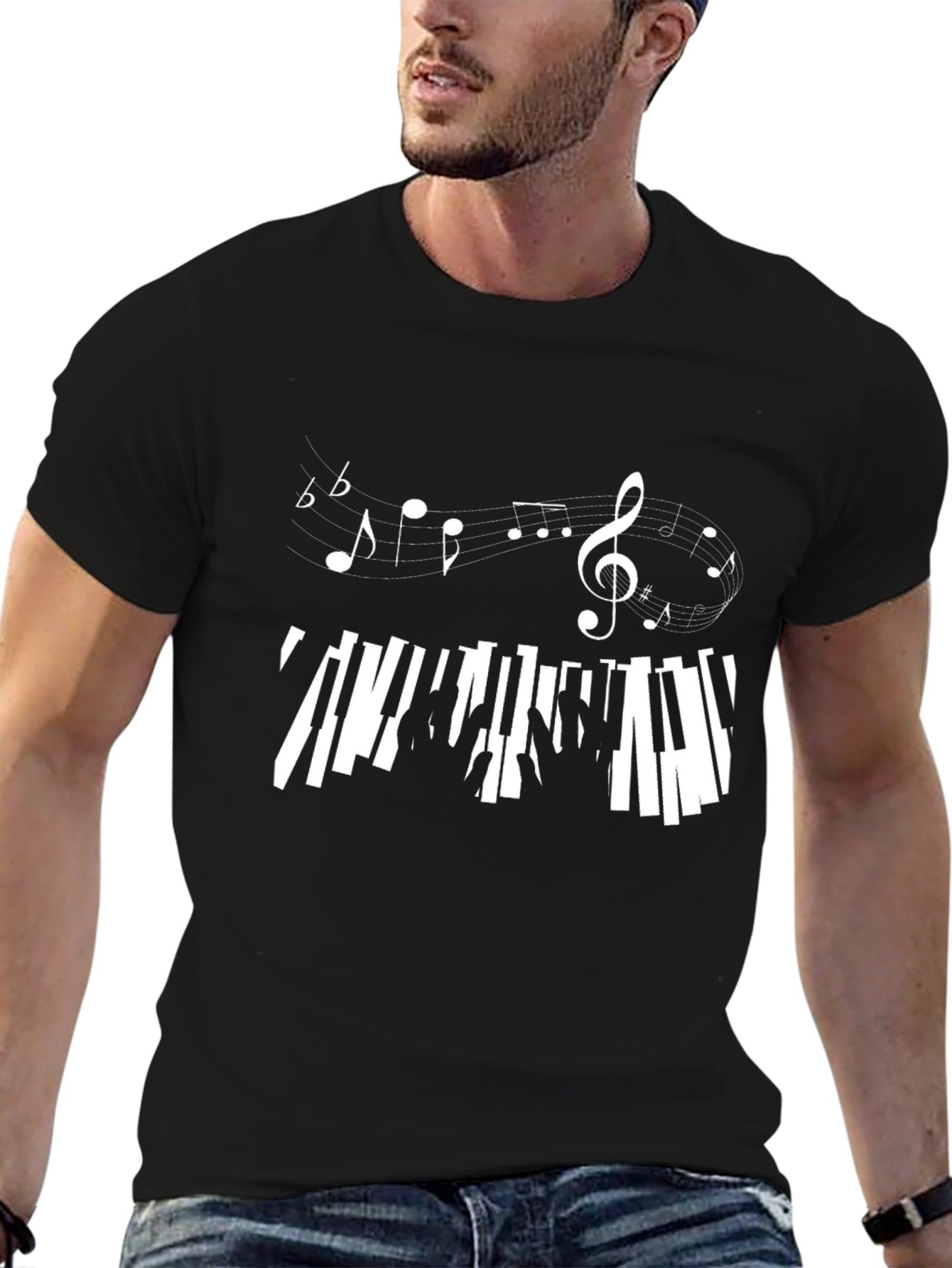 Musical Notes & Piano Keys Black T-Shirt
