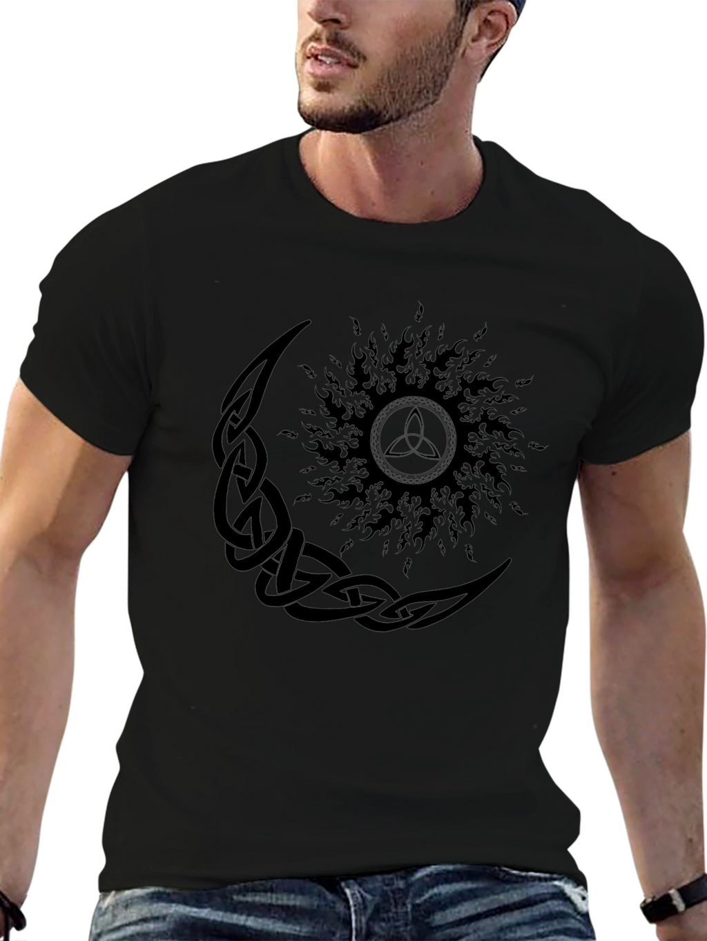 Celtic Moon and Sun Graphic Black T-Shirt