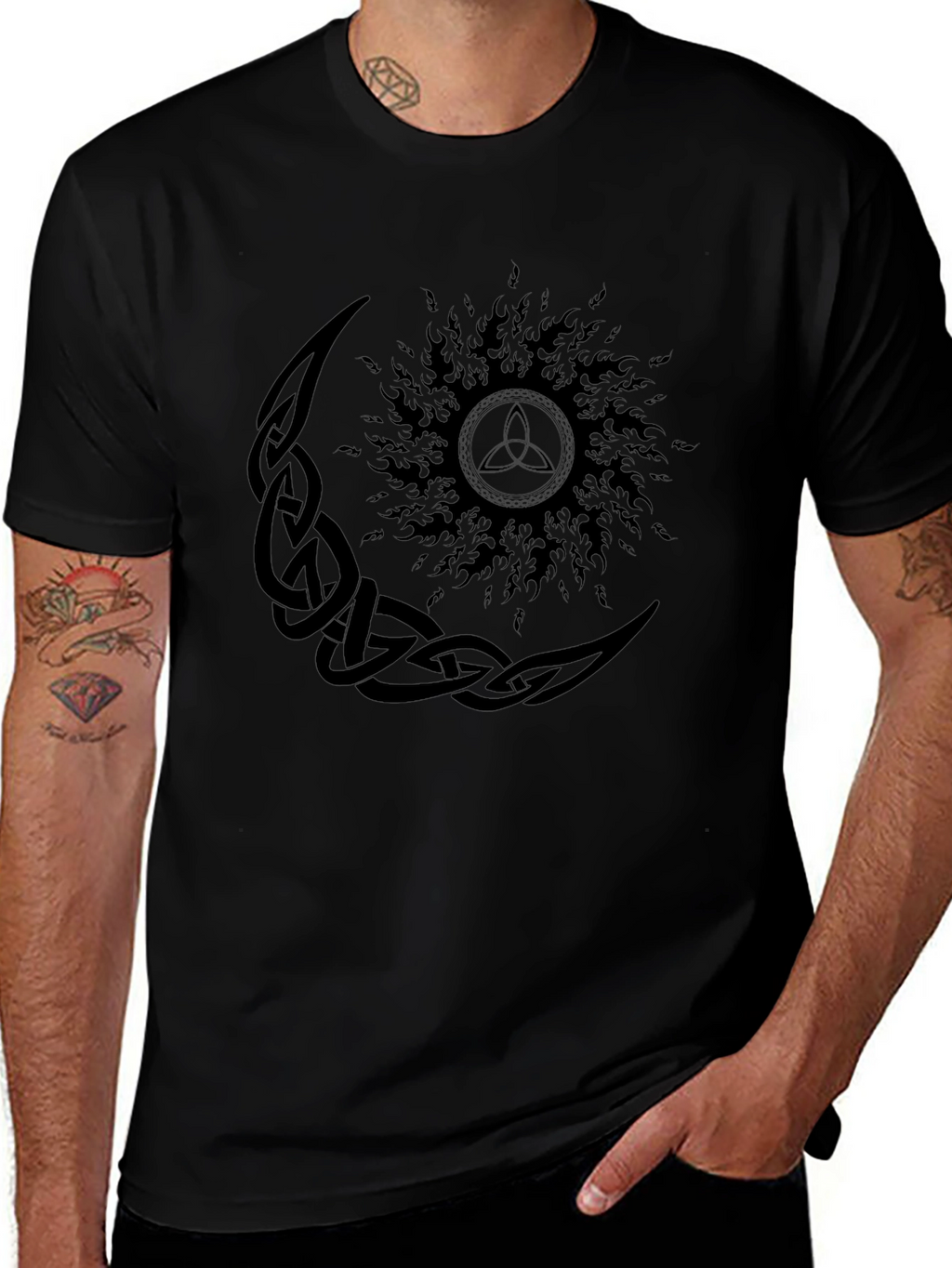 Celtic Moon and Sun Graphic Black T-Shirt