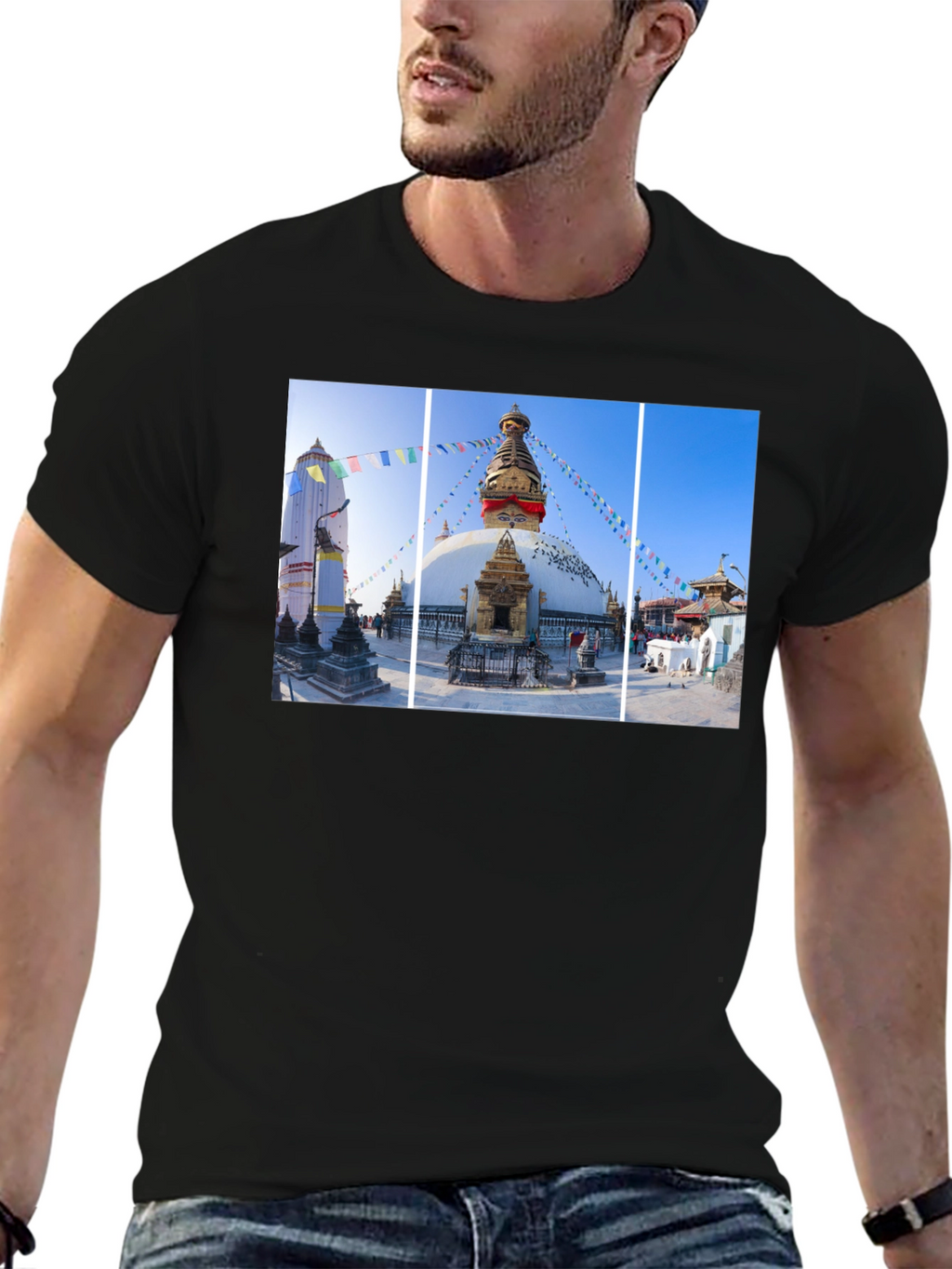 Boudhanath Stupa Graphic Tee - Nepal Temple Black T-Shirt