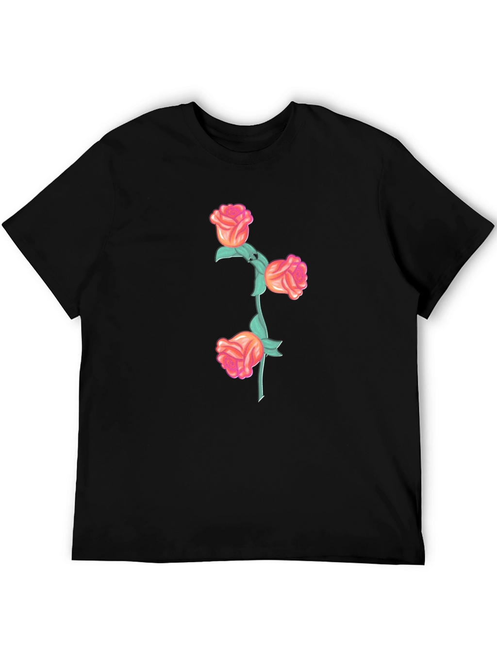 Black T-Shirt with Floral Rose Stem Design