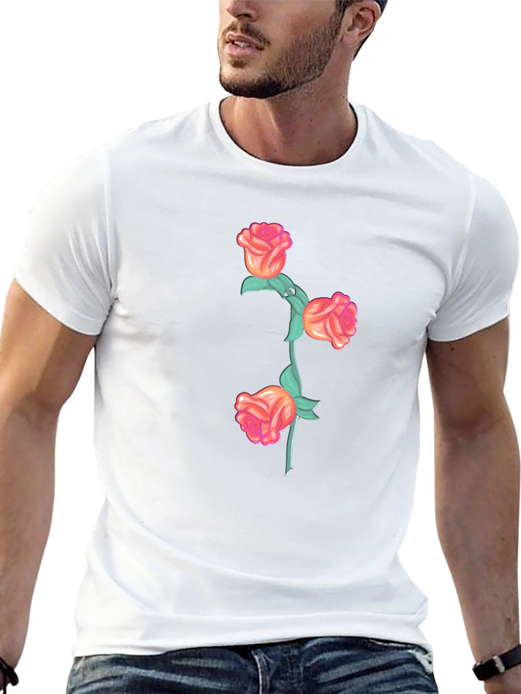 Black T-Shirt with Floral Rose Stem Design