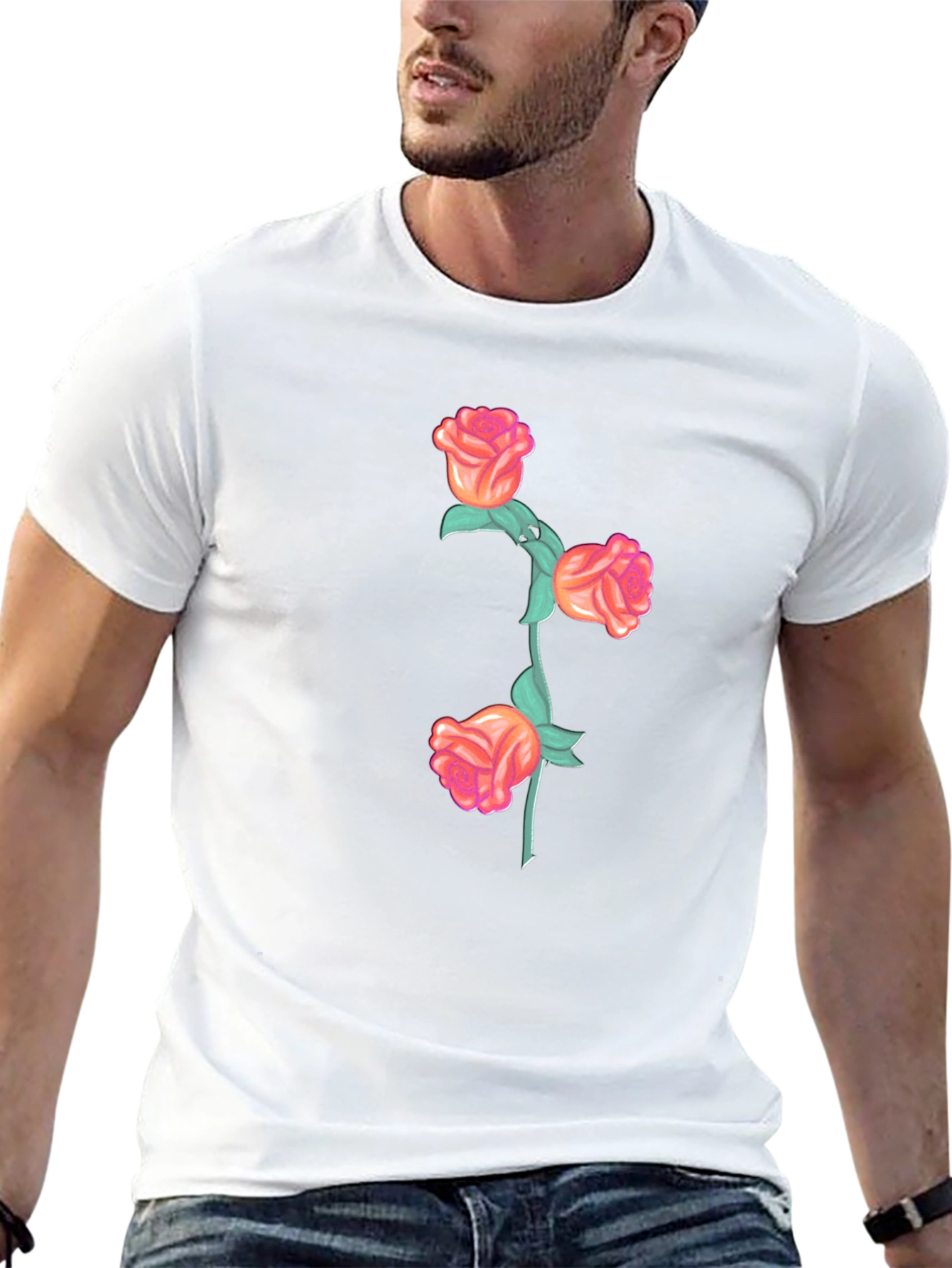 Black T-Shirt with Floral Rose Stem Design
